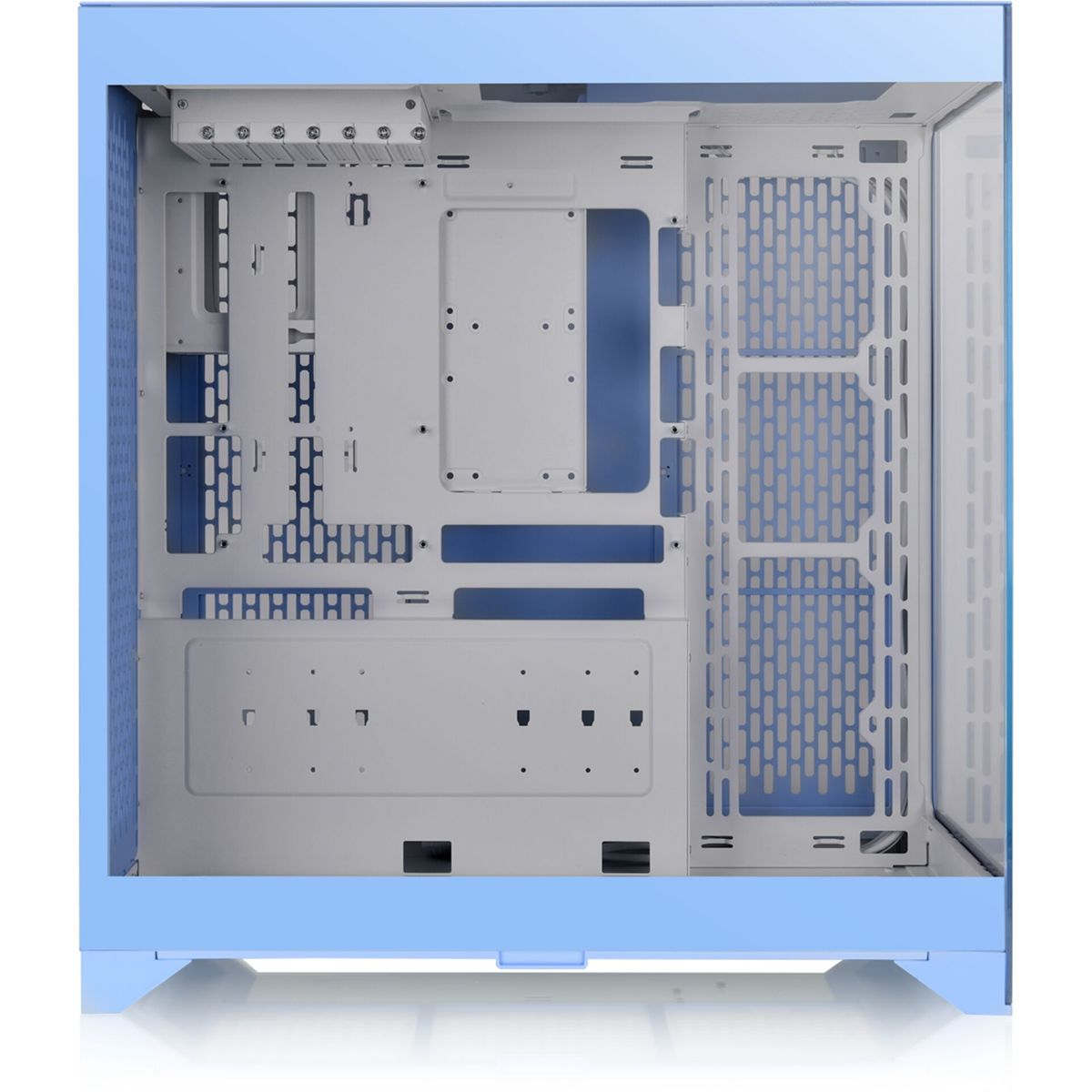 Un case per computer con una cornice azzurra. L'interno è bianco e blu. È vuoto. Ha un lato in vetro trasparente.