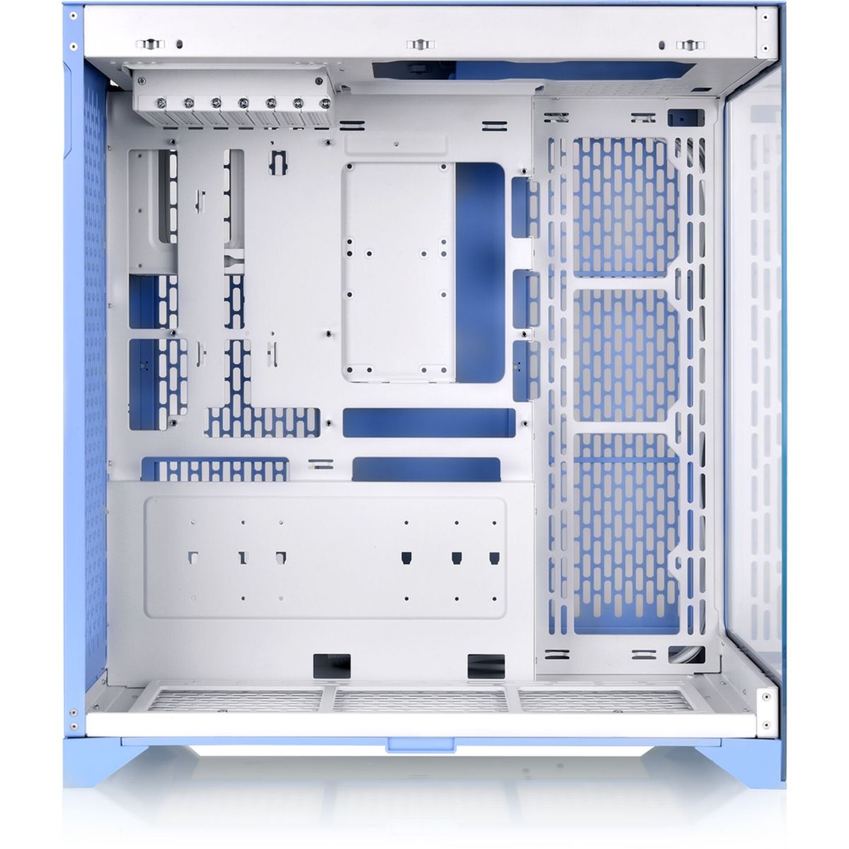 Un case per computer aperto in blu e bianco. I componenti interni sono visibili.