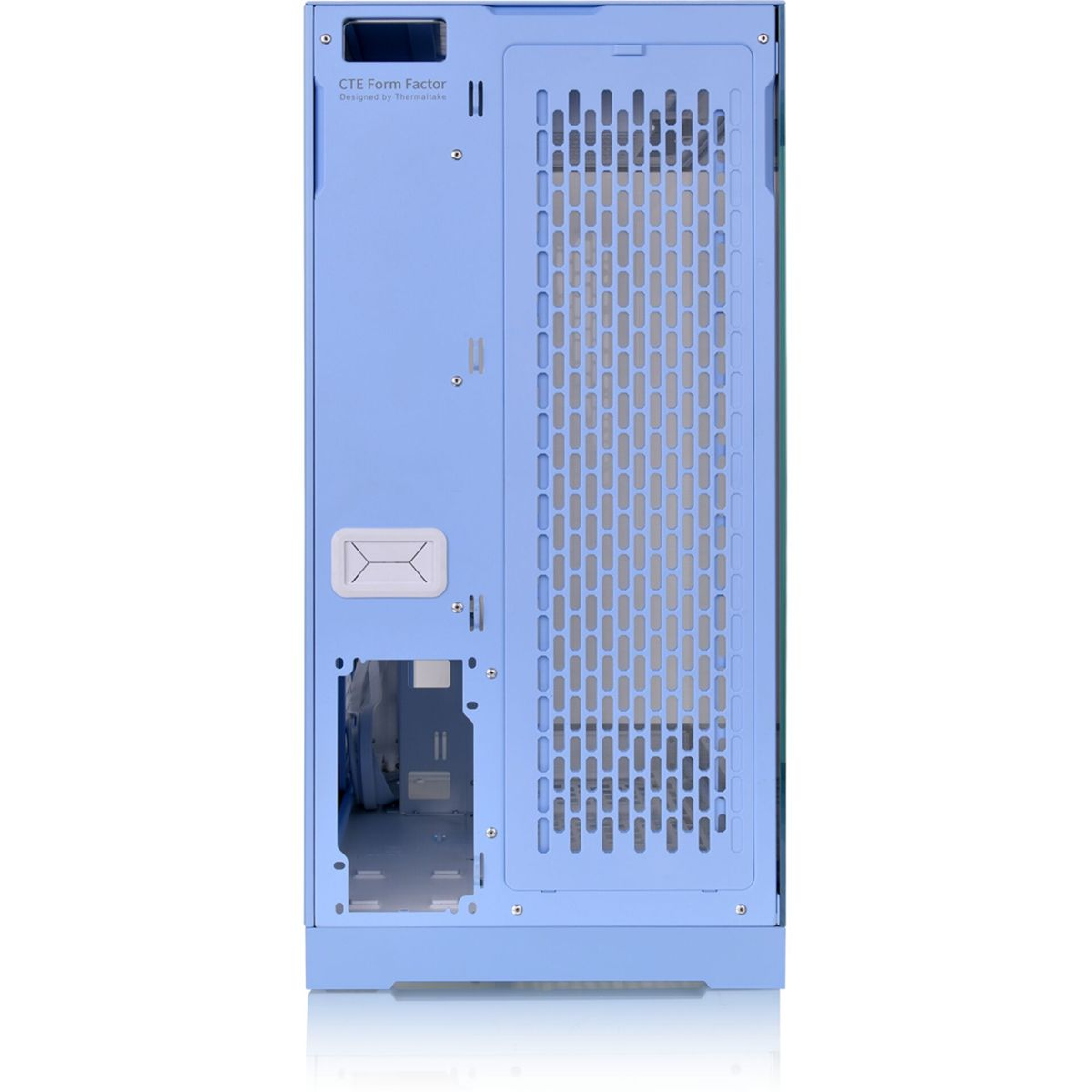 Retro del case per computer blu con ritagli. È su sfondo bianco.