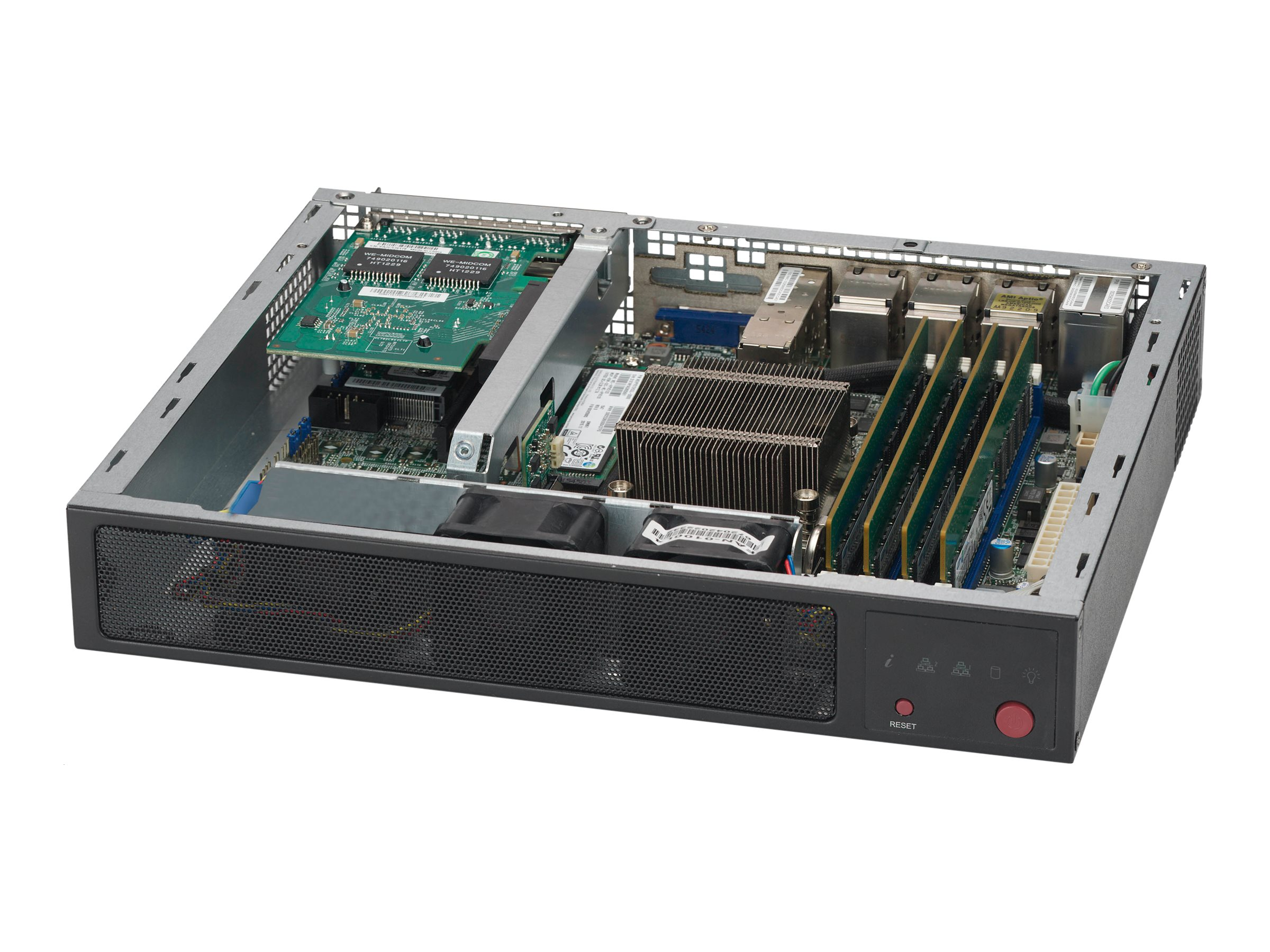 Case server, vista frontale con parte superiore aperta. Componenti interni visibili. Colore nero.