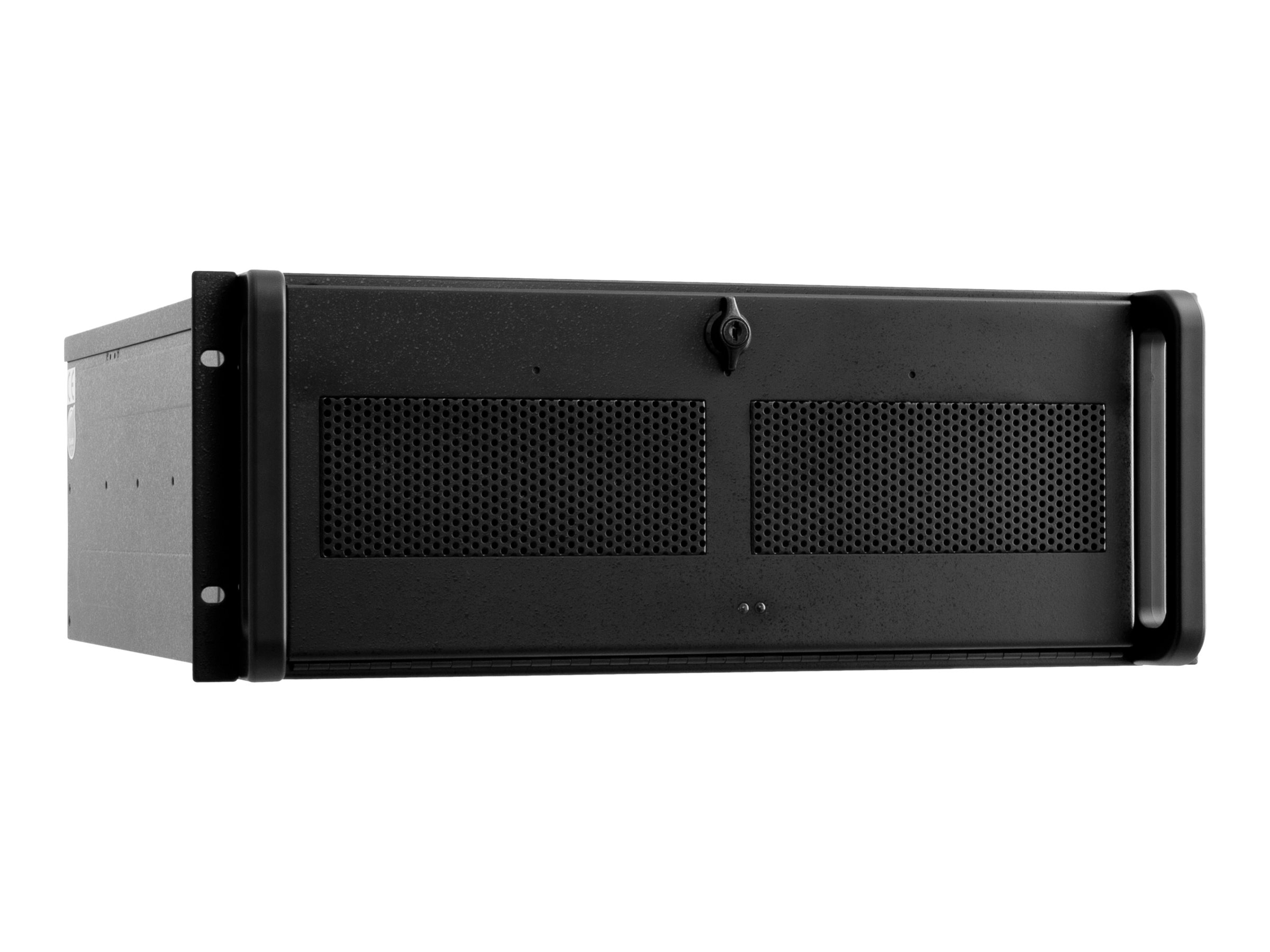 Boîtier PC noir, vue de face. Panneau avant perforé, poignées, serrure.