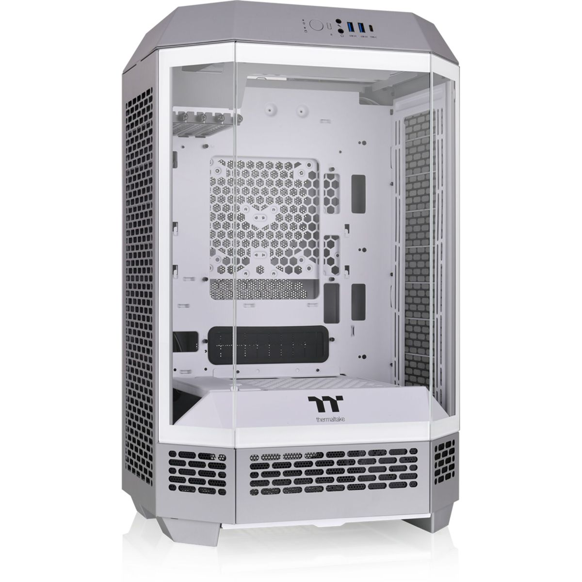 Case PC bianco con pannelli frontali e laterali in vetro. Parte superiore e base grigie. Interno visibile.