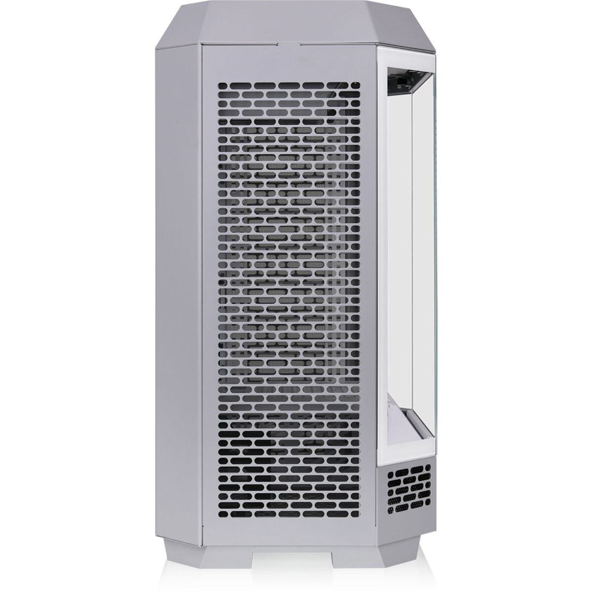 Case PC grigio, vista laterale. Pannelli laterali e frontali perforati. Pannello laterale in vetro.