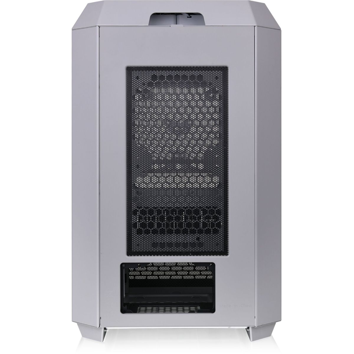 Case per computer grigio, vista posteriore. Ha una griglia a rete, un'apertura per la ventola e una sezione inferiore con fessure.