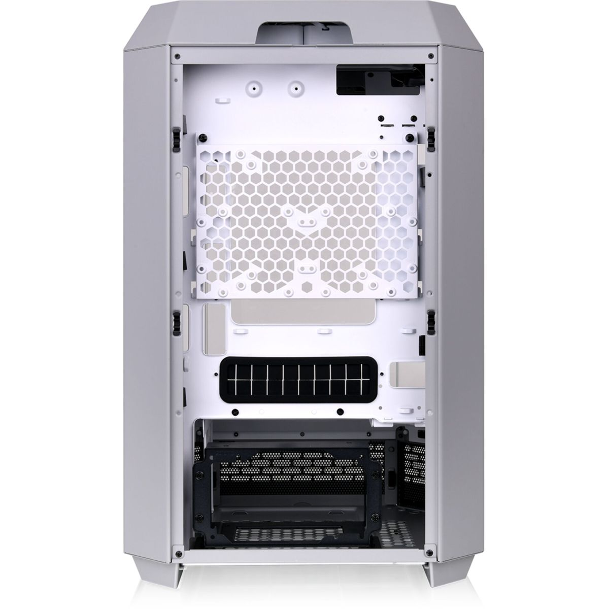 Interno del case del computer. Pannello a nido d'ape, frontale nero e punti di montaggio visibili.
