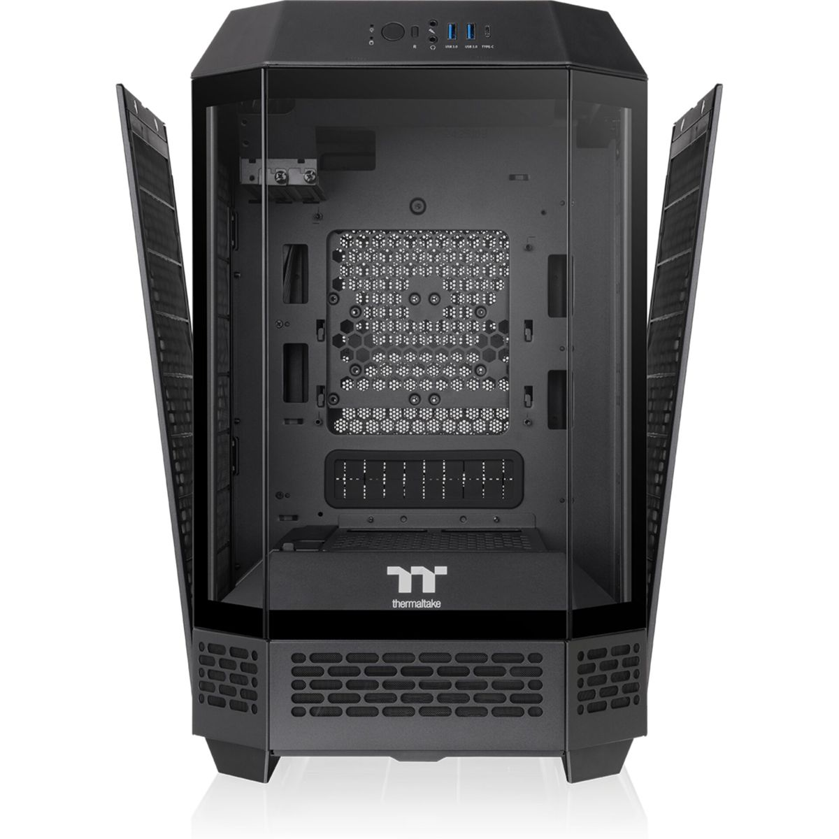 Case per PC nero con porte aperte, che mostra l'interno e il logo Thermaltake.