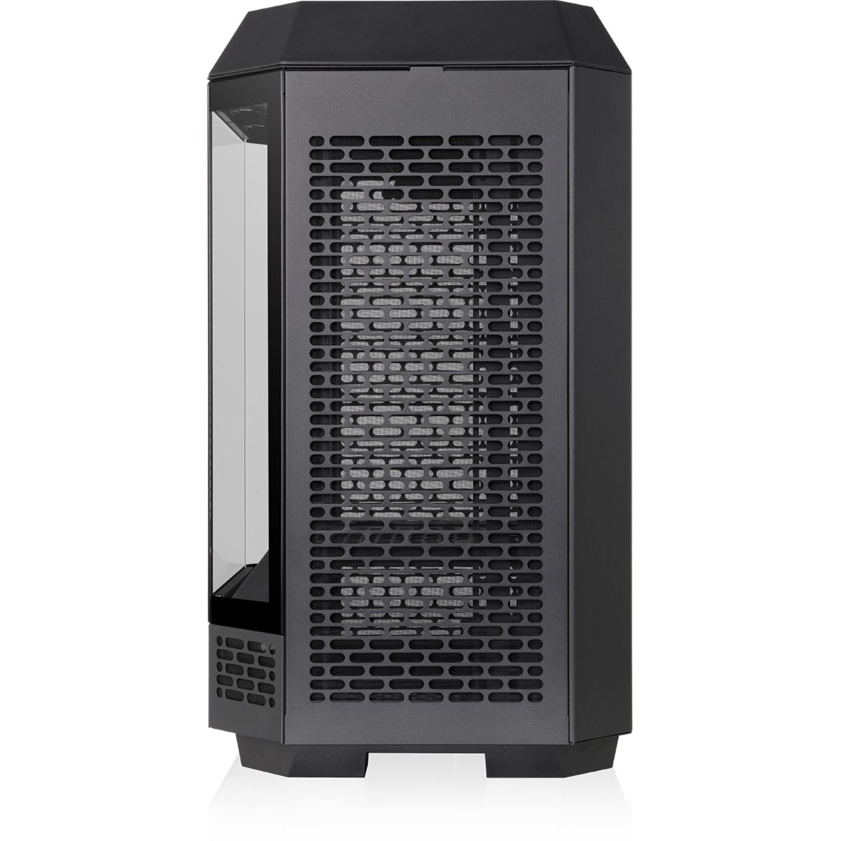 Case per computer nero, vista laterale, con pannelli in rete e vetro. Ha una forma distinta, su sfondo bianco.