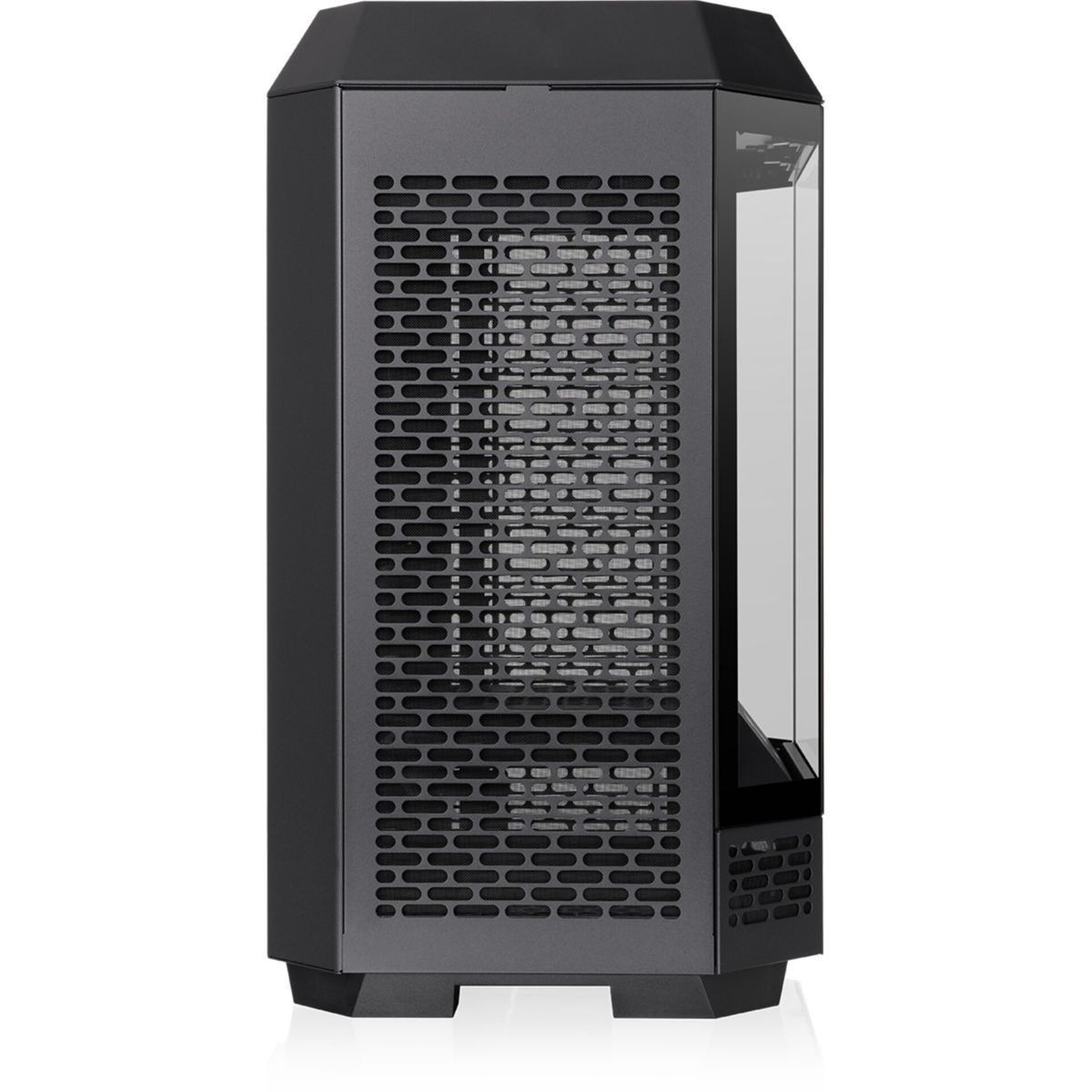 Case PC nero con un pannello laterale in vetro. Il pannello frontale è a rete e il design è minimalista.
