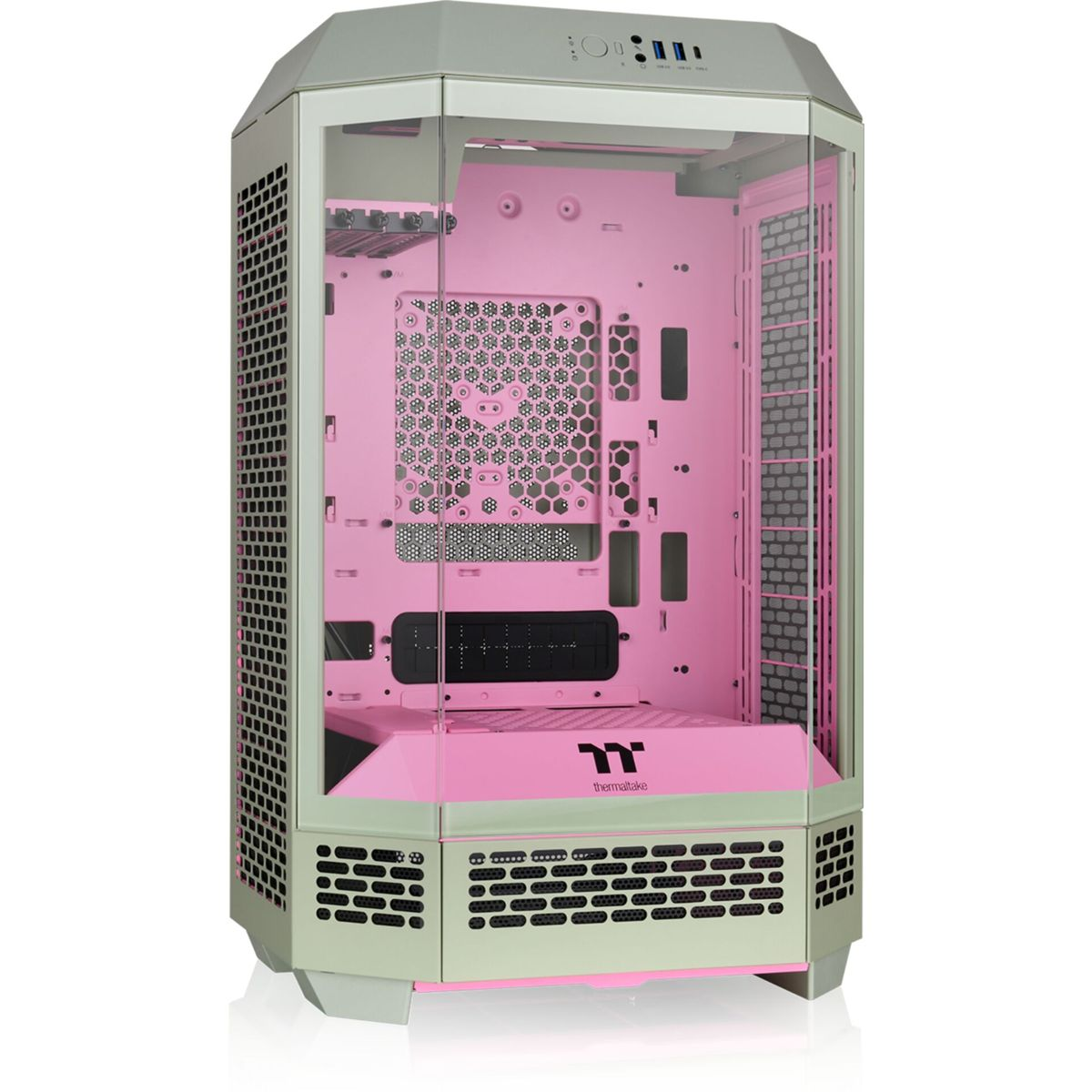 Case per computer rosa e grigio con pannelli in vetro, che mostra i componenti.