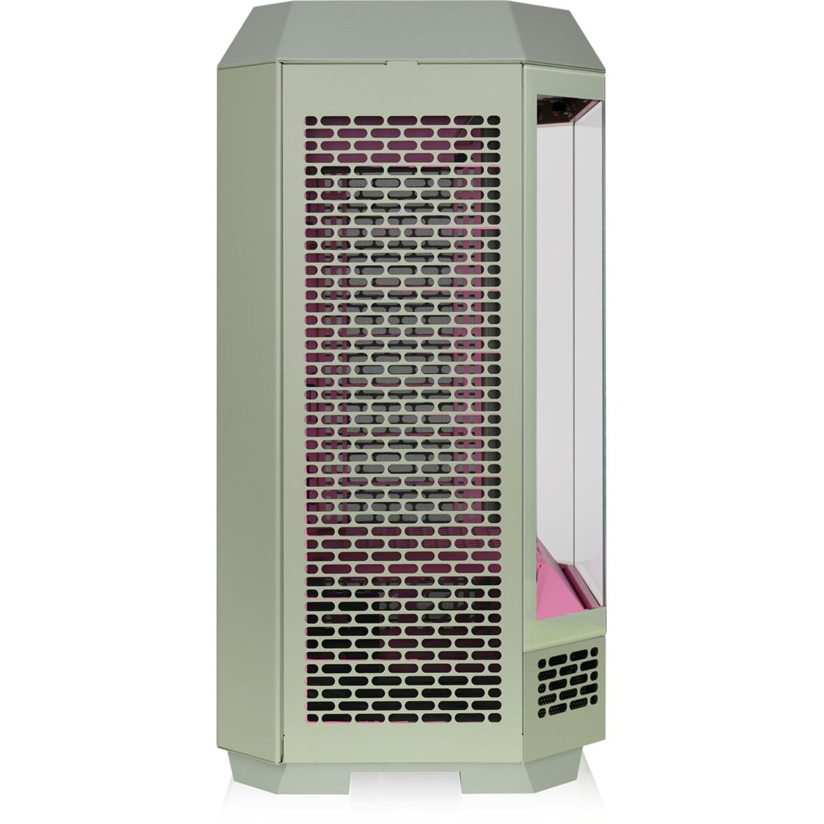 Un case per PC con frontale a rete e pannello laterale trasparente. All'interno, un componente rosa è visibile.