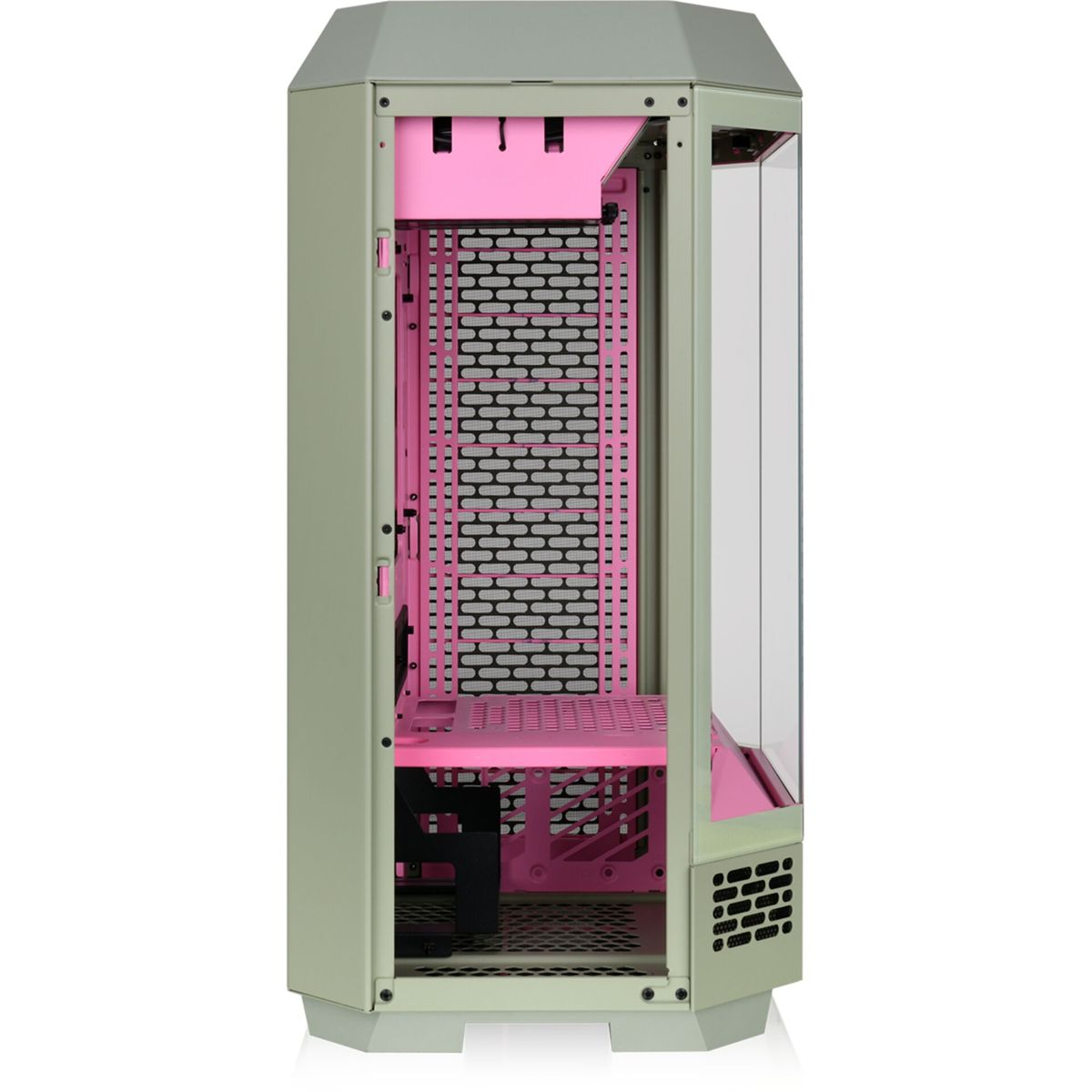 Case per computer verde chiaro. Telaio interno rosa visibile attraverso la rete e il pannello di vetro.