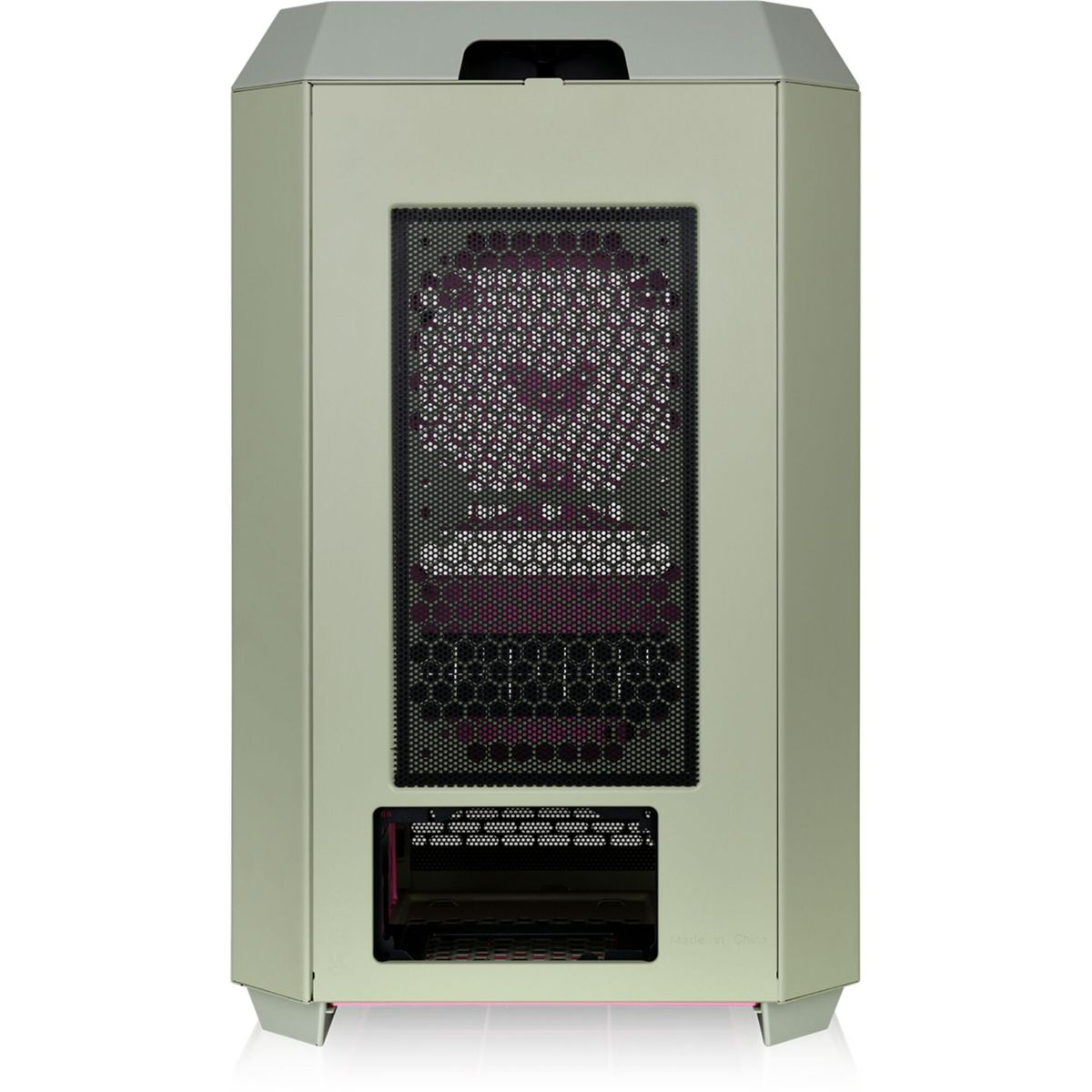 Case per computer verde chiaro. Pannello posteriore a rete. Dettagli interni rosa visibili sul retro.