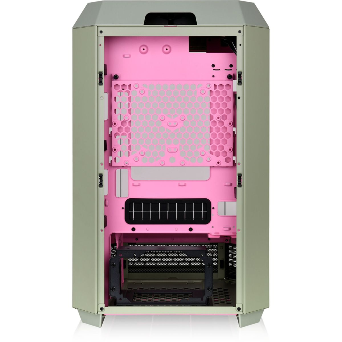 Case per computer verde e rosa con interno visibile, sfondo bianco.