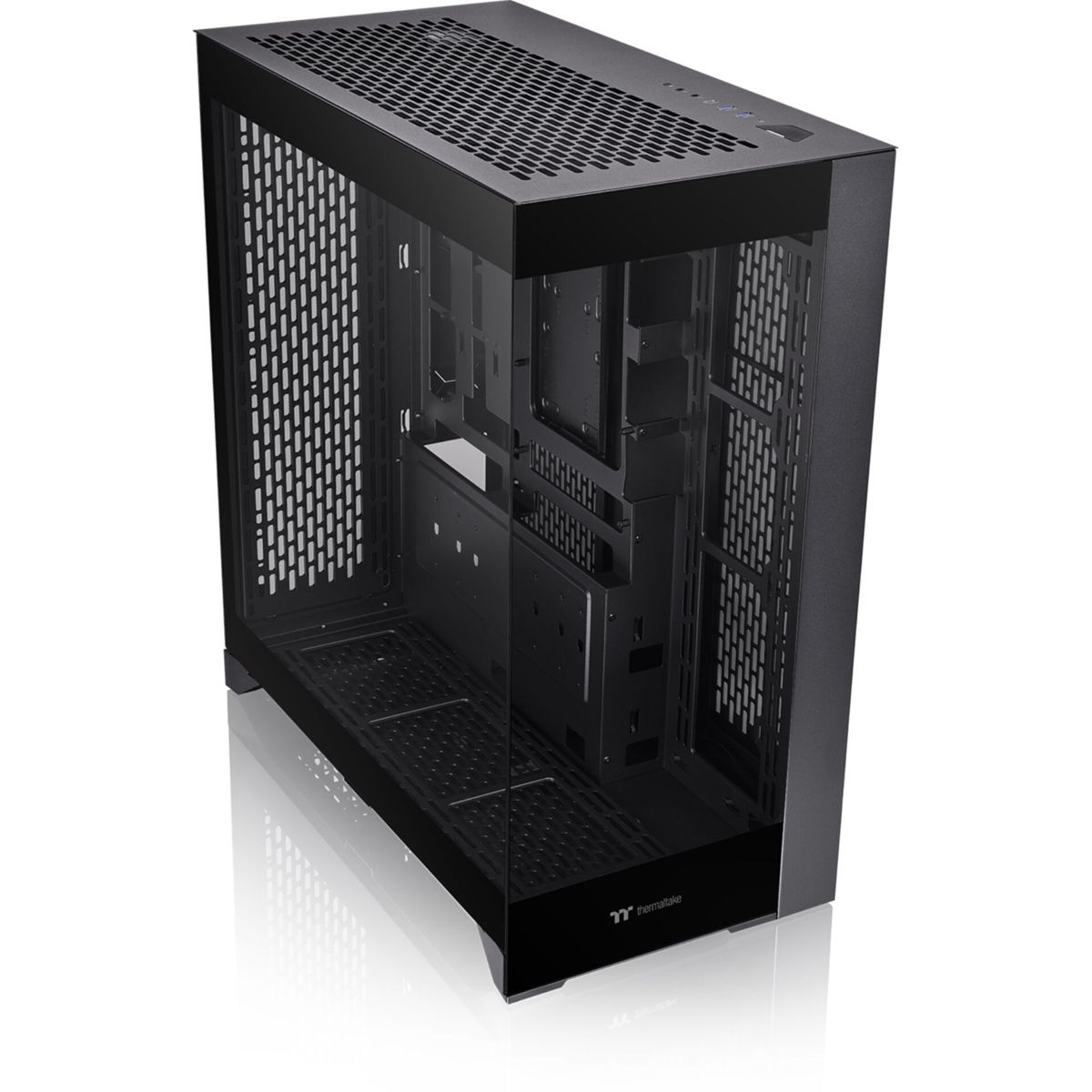 Case PC nero con pannelli laterali in vetro. Componenti interni visibili. Sfondo nero.