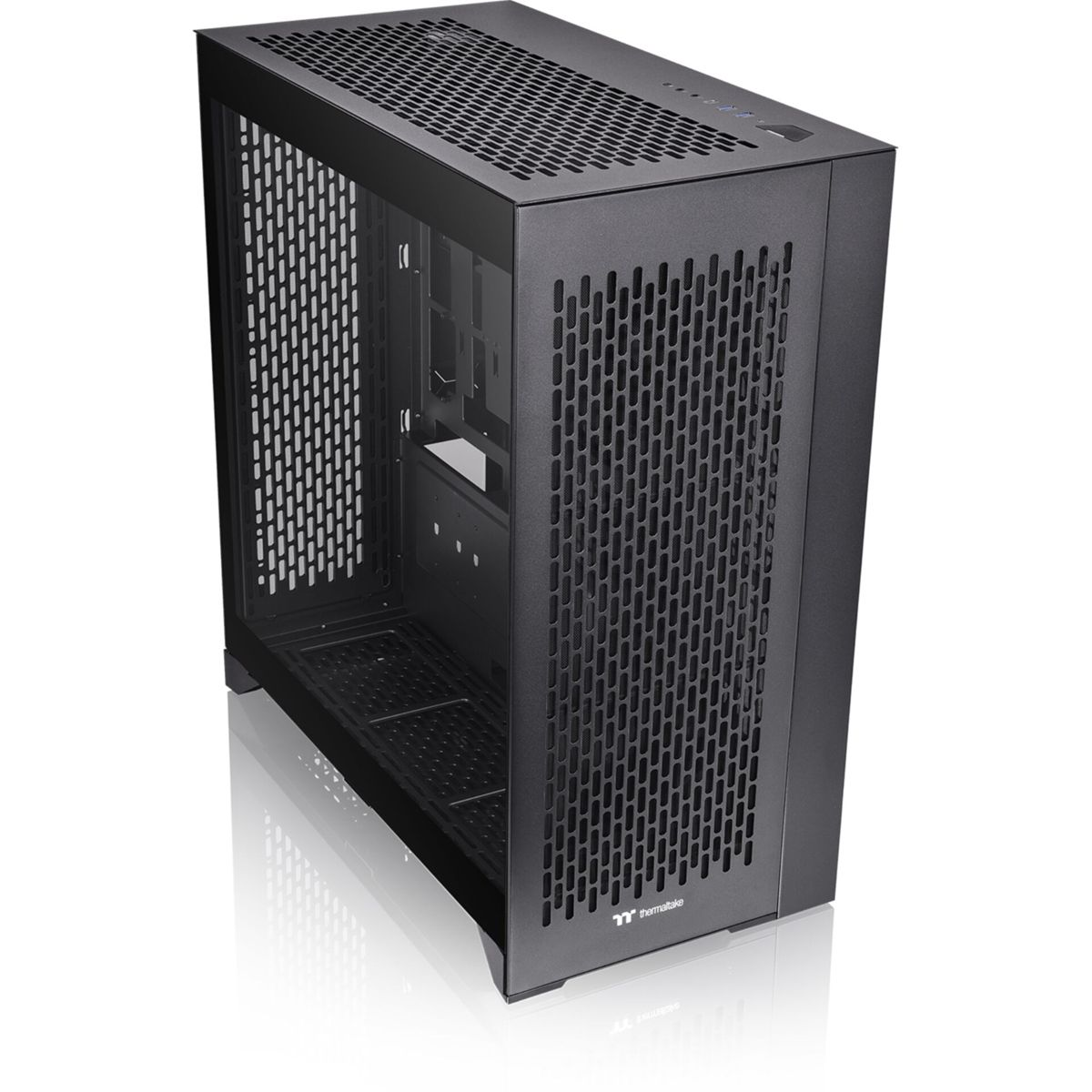 Case nero per computer con pannello laterale in vetro e frontale perforato.