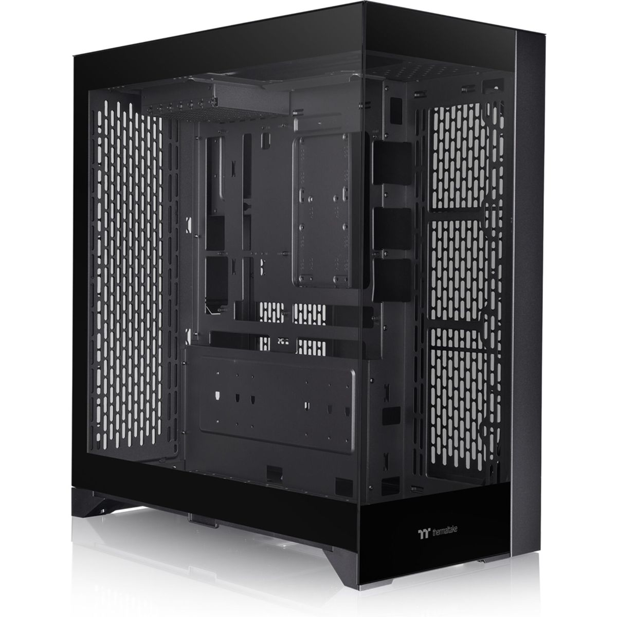 Case PC nero con due pannelli laterali in vetro, che mostrano l'interno. Design minimalista e moderno.