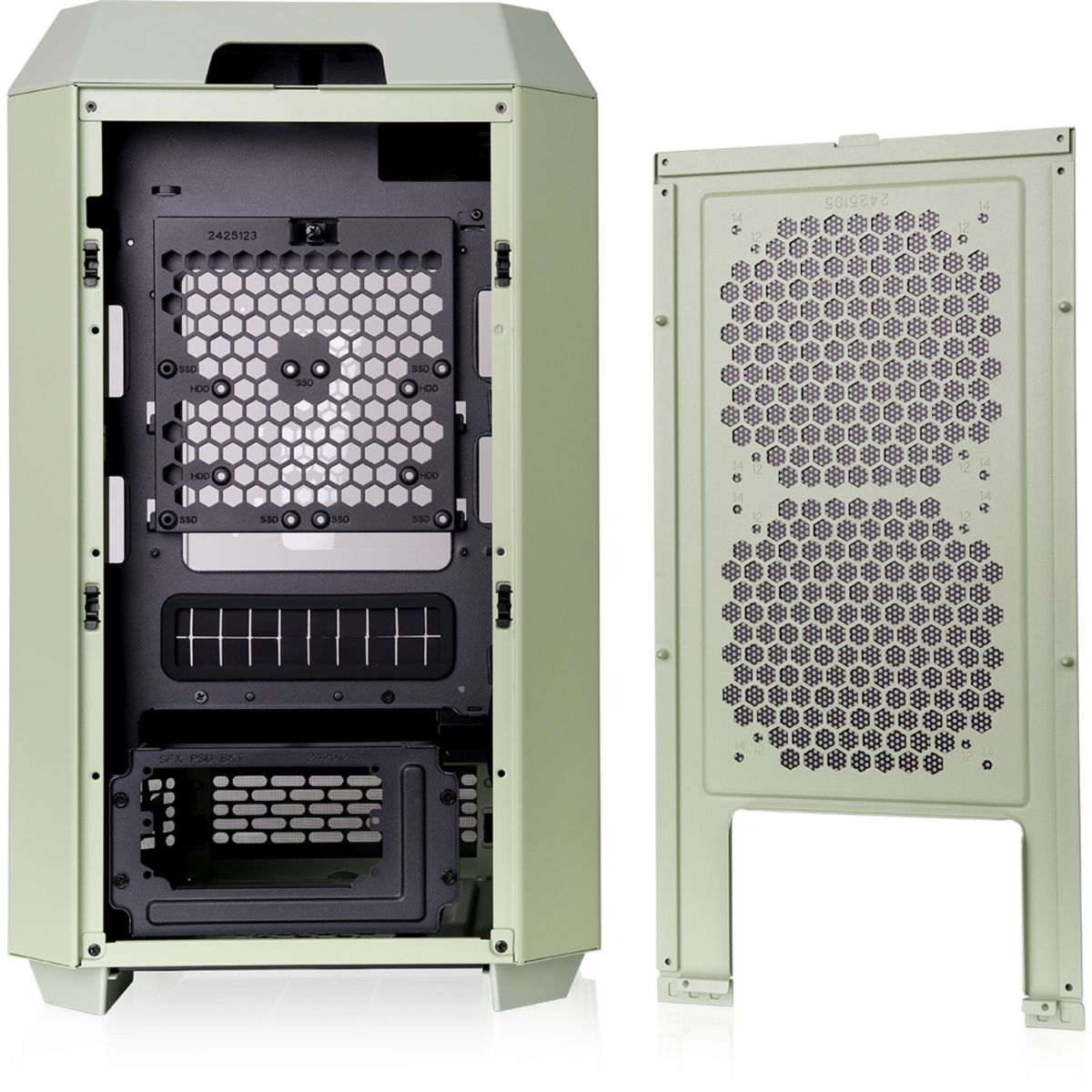 Case PC verde con due pannelli aperti. Mostra la struttura interna, progettata per i componenti.