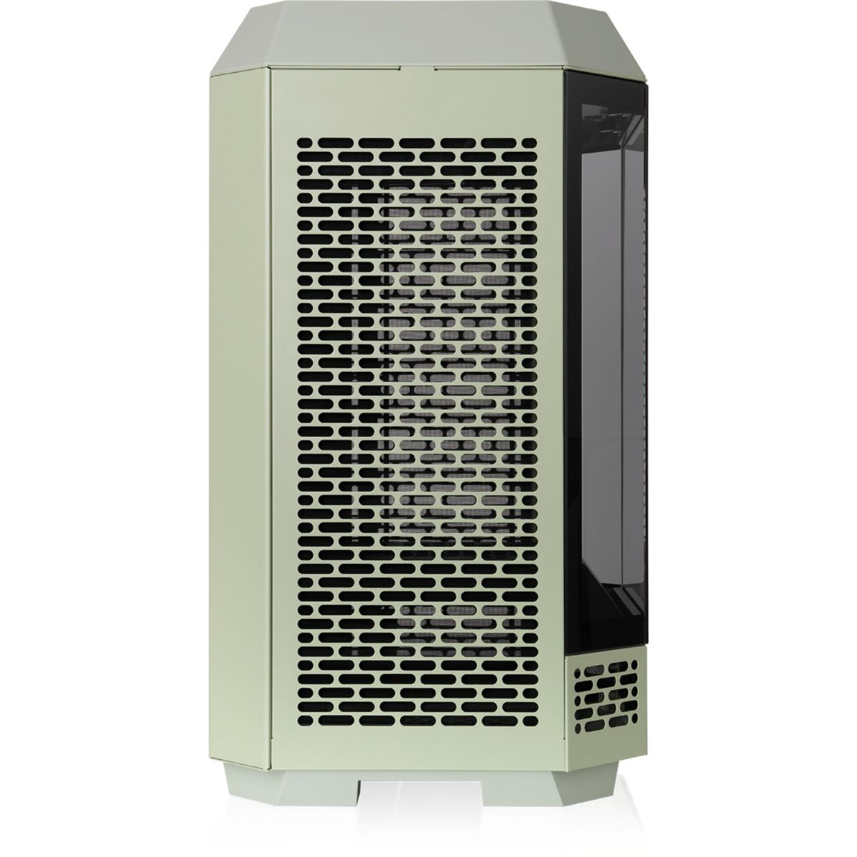 Case per PC bianco sporco, vista laterale, con pannello laterale perforato e vetro.
