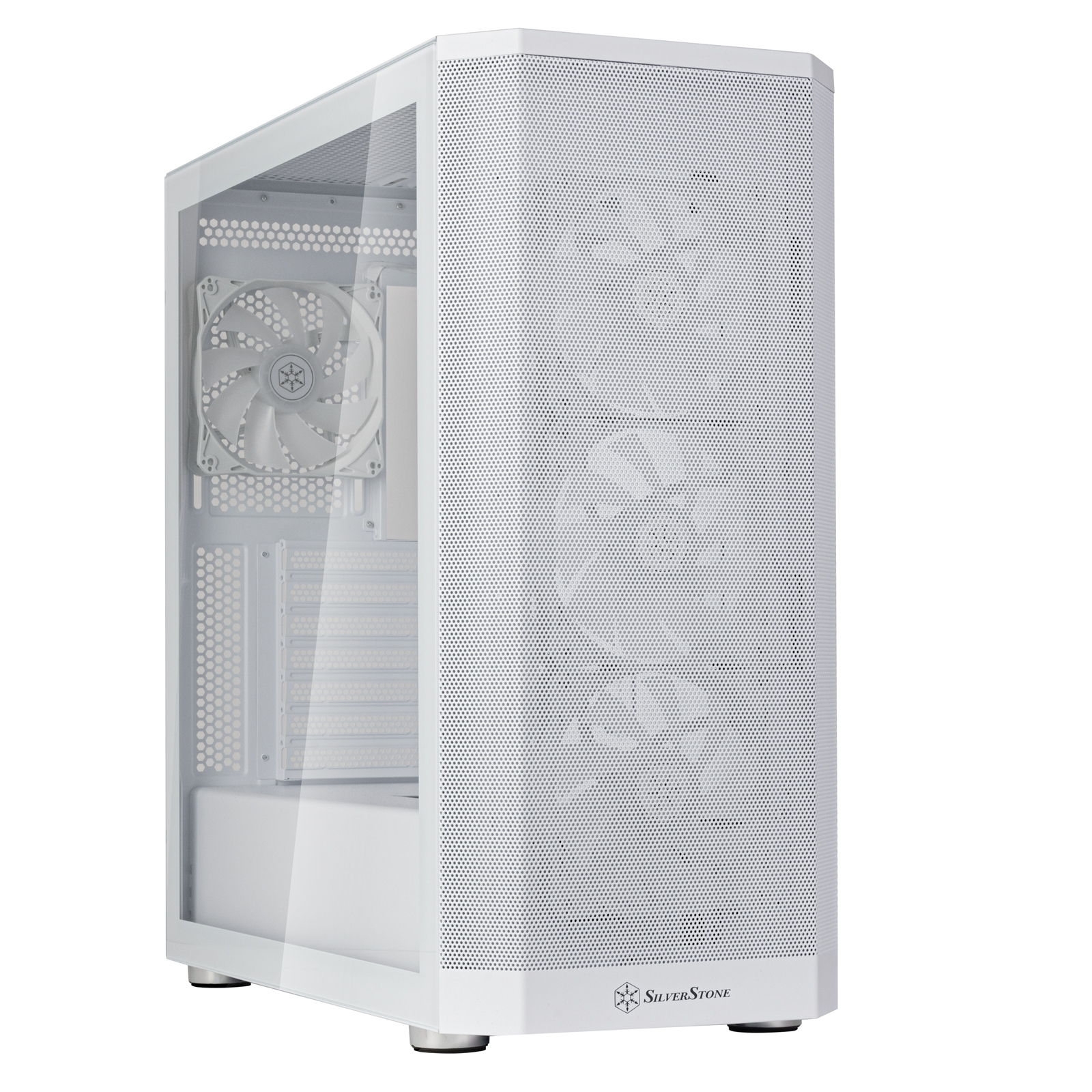 Case per PC bianco con pannello laterale in vetro, ventola visibile e logo SilverStone.