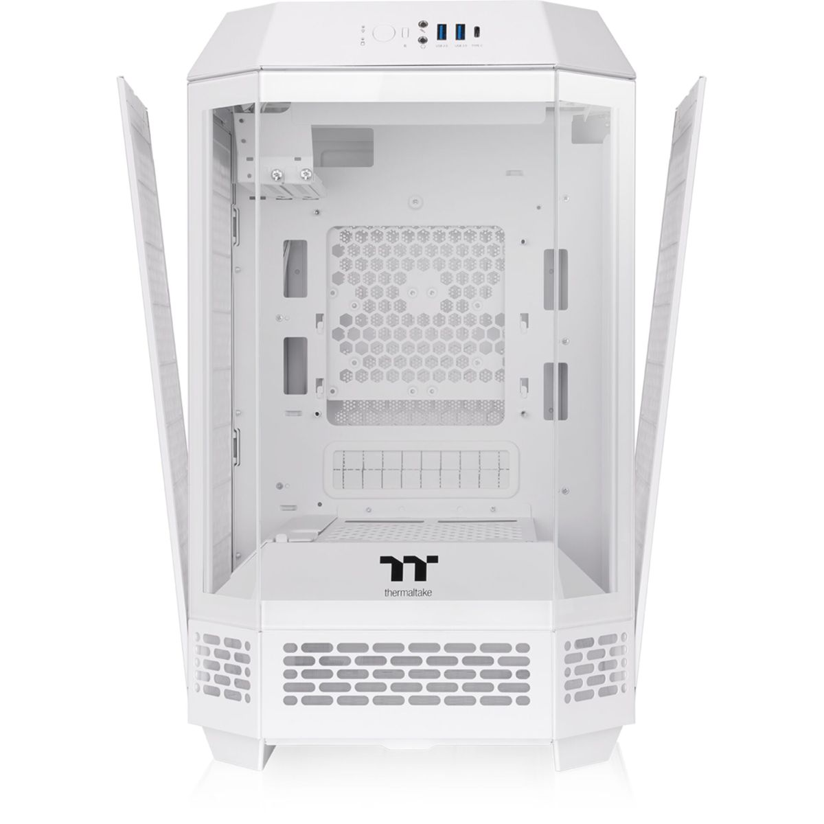 Case per computer bianco con pannelli laterali in vetro apribili, interno vuoto.