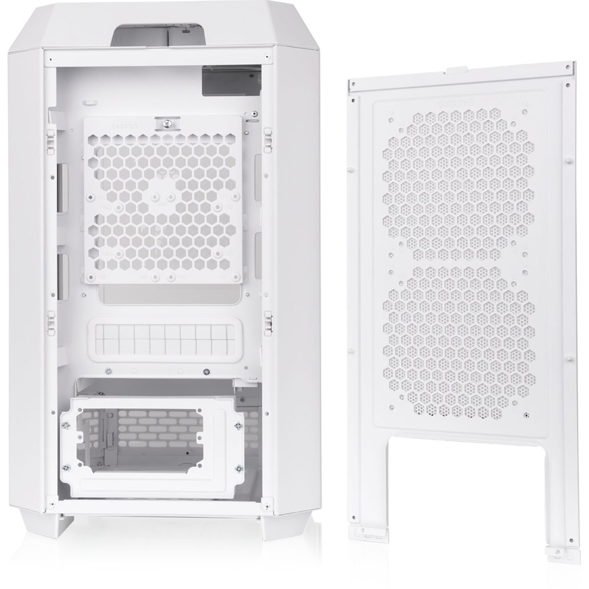 Case per computer bianco con lato aperto e pannello rimovibile, su sfondo bianco.