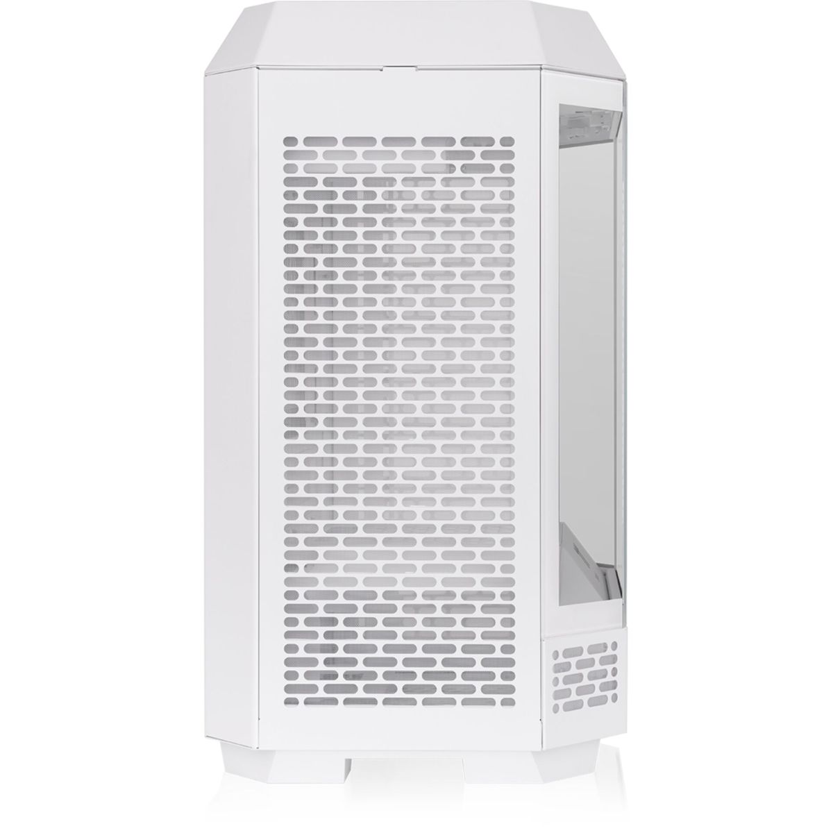Case per PC bianco, vista laterale, con pannello laterale perforato e vetro.