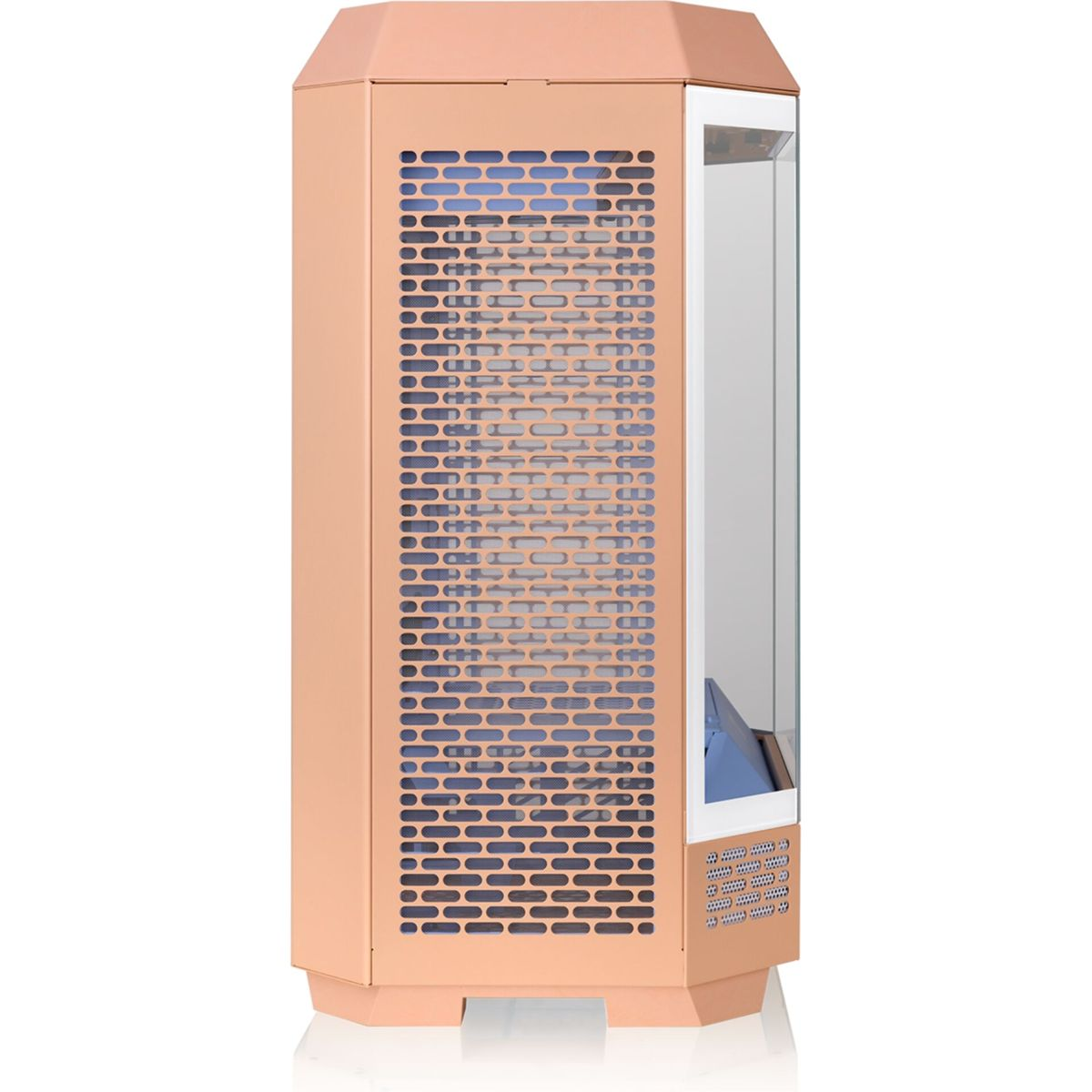 Case PC color rame con pannello laterale in vetro. Design con pannello laterale aperto. Luce blu visibile all'interno.