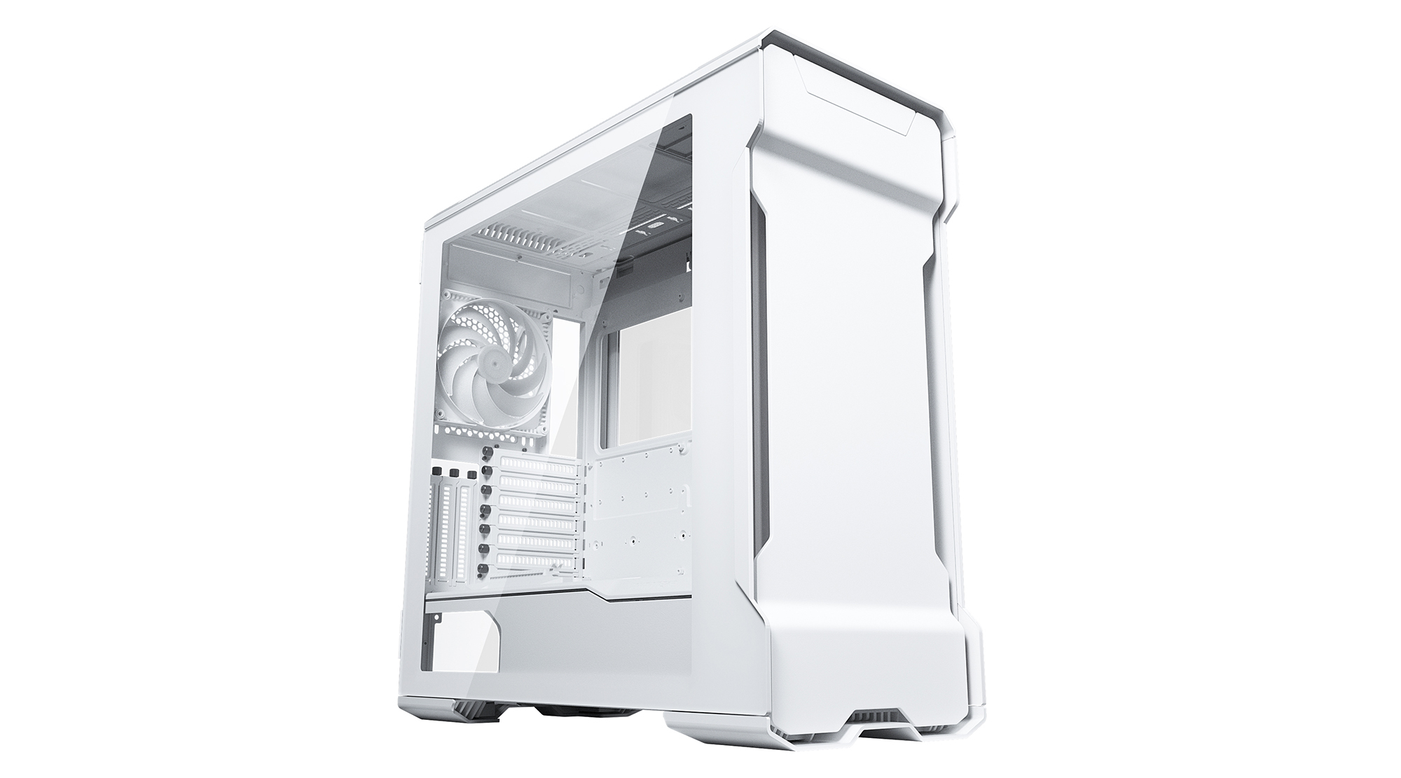 Case per computer bianco con pannello laterale trasparente, ventola bianca e design pulito, su sfondo bianco.