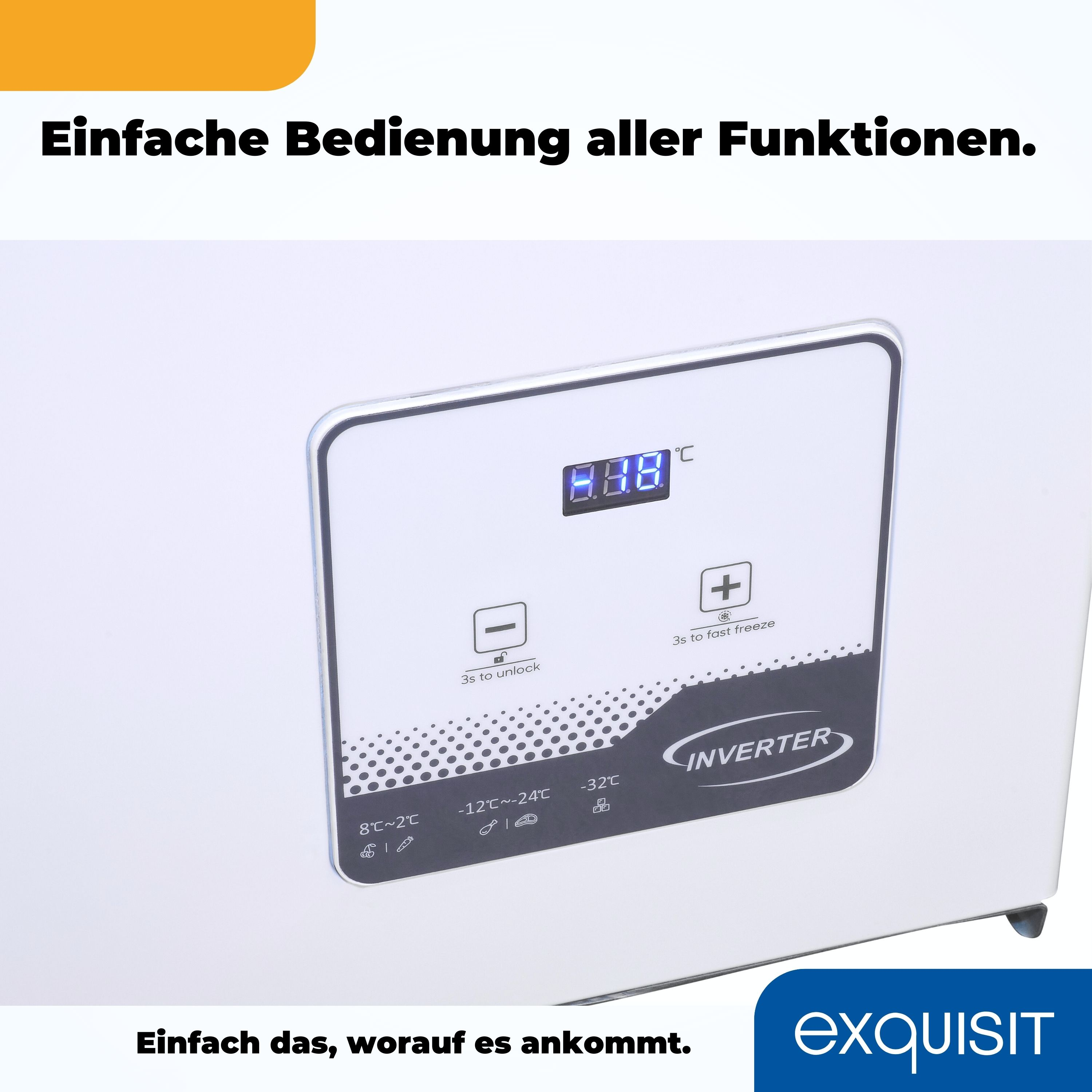Nahaufnahme eines Gefrierschrank-Bedienfelds mit Digitalanzeige und Tasten.