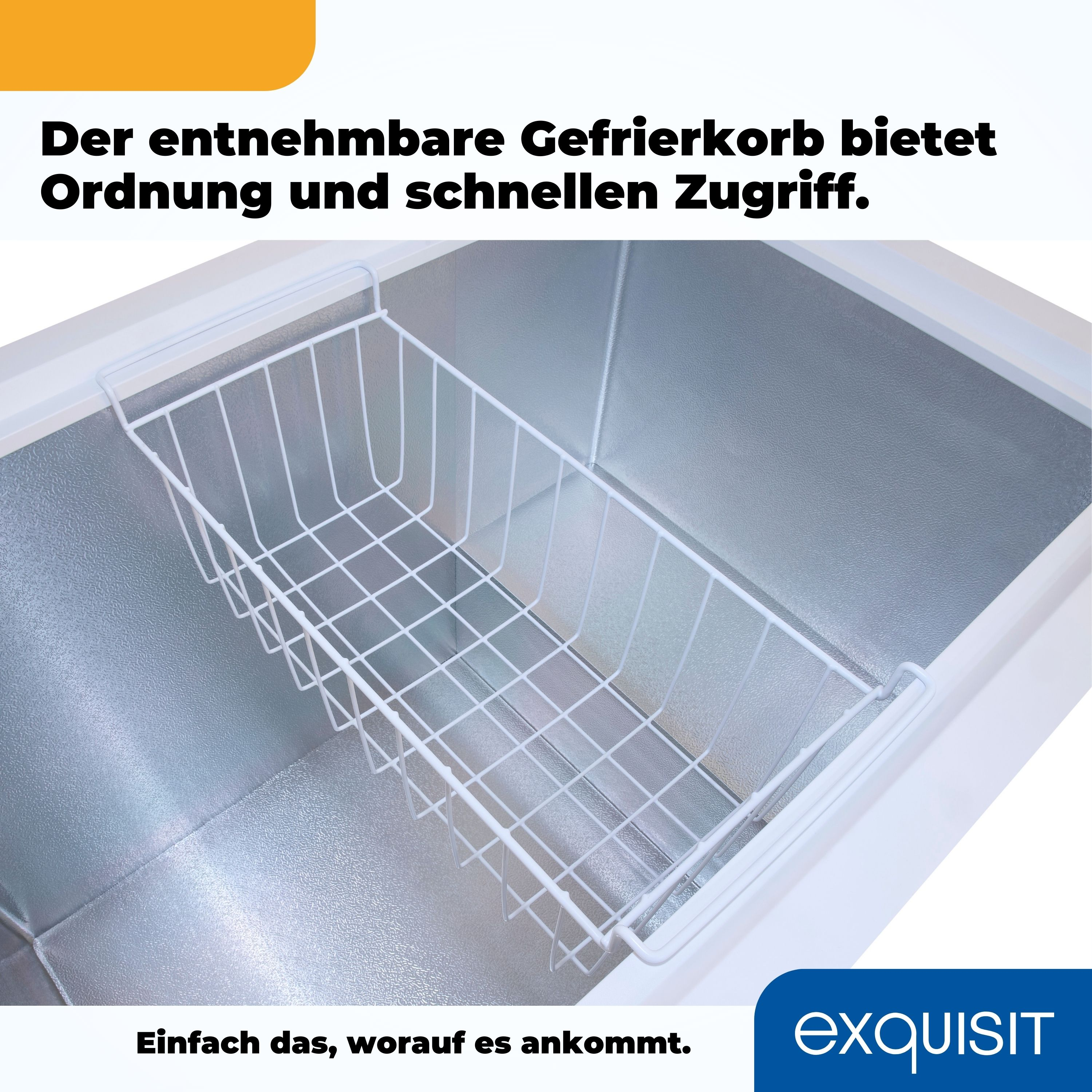 Innere eines Gefrierschranks mit weißem Drahtkorb. Text: 'Einfacher Zugriff'.