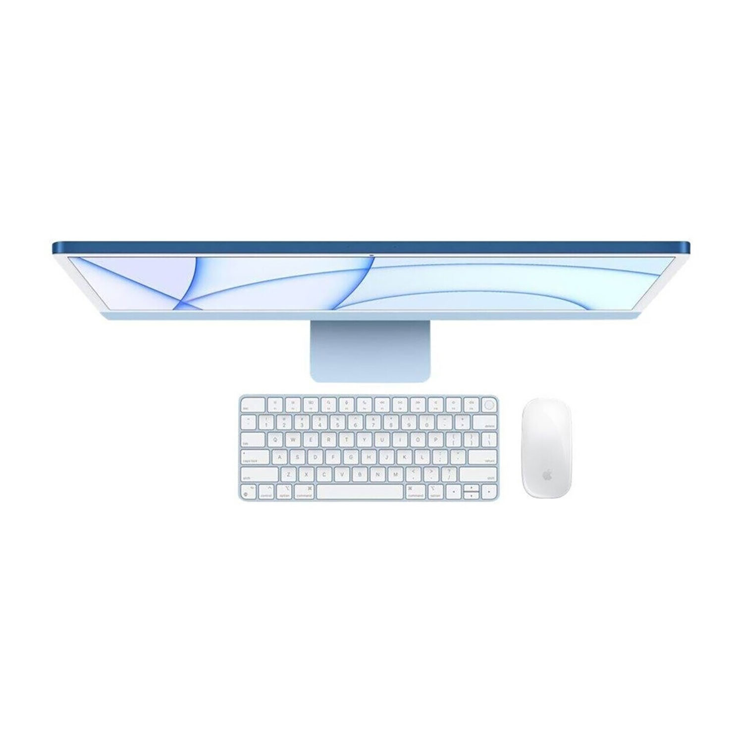 Vista cenital de un ordenador iMac, teclado y ratón. El iMac es azul.