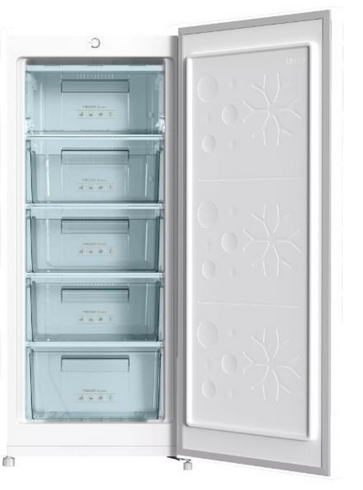Refrigerador blanco con puerta abierta, mostrando cajones e interior blanco.
