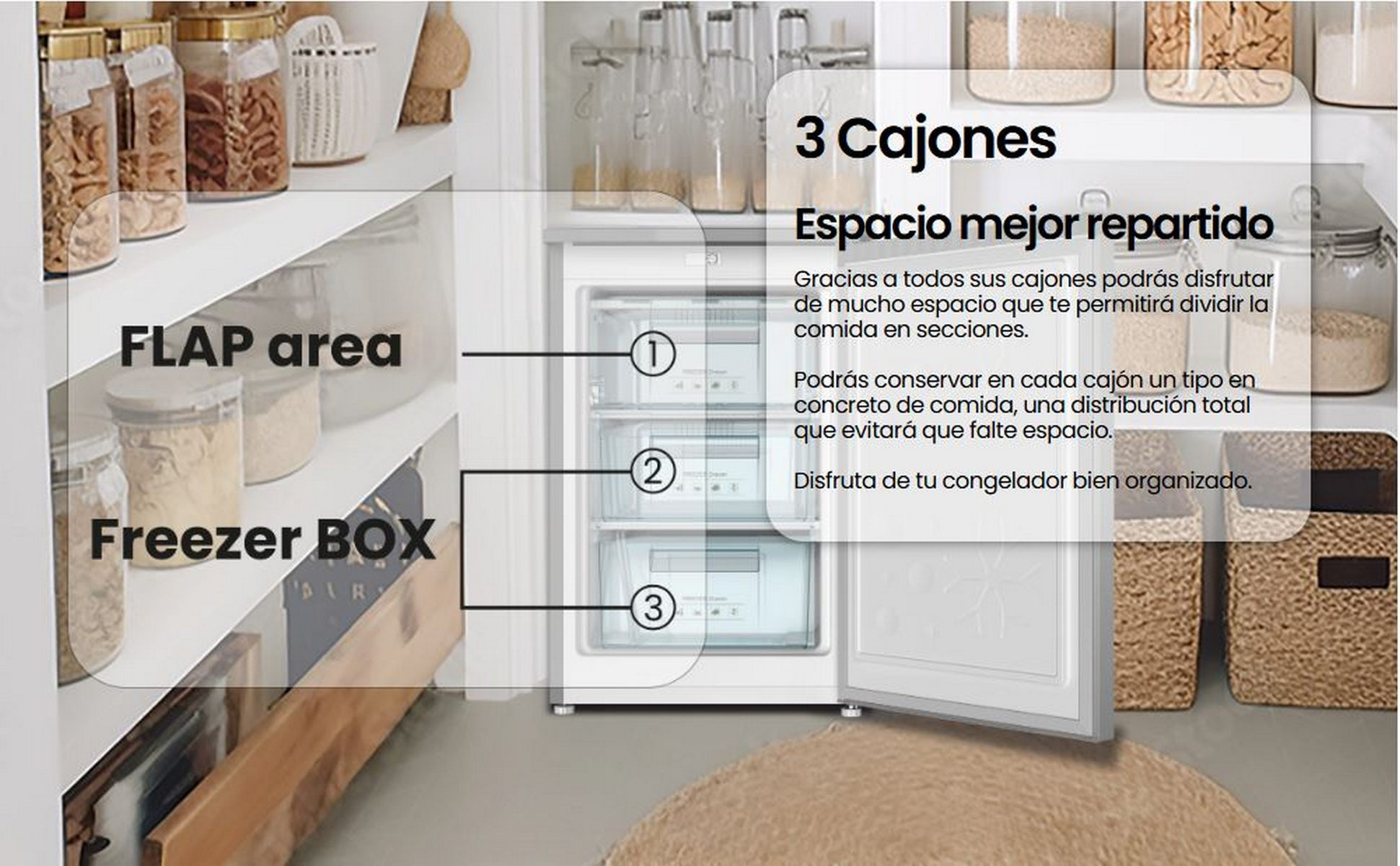 Interior de nevera con cajones etiquetados, mostrando la organización de alimentos.