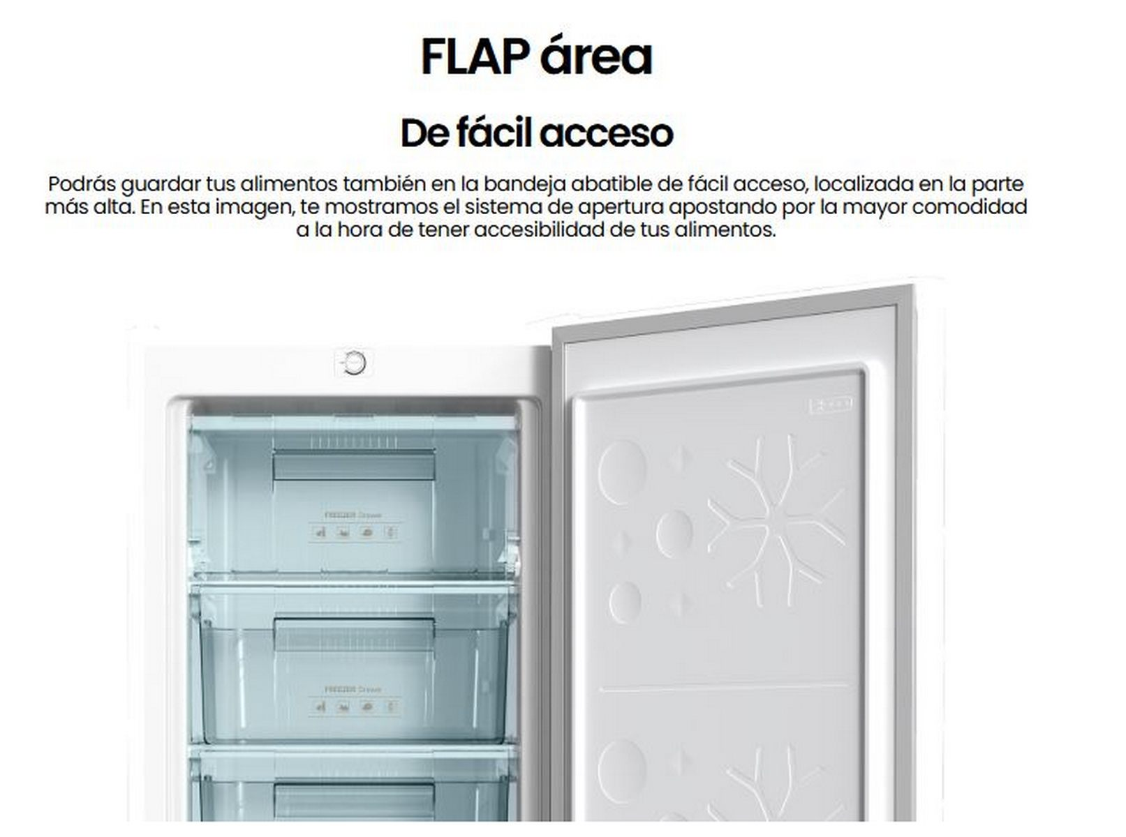 Puerta de refrigerador abierta mostrando cajones y estantes de almacenamiento.