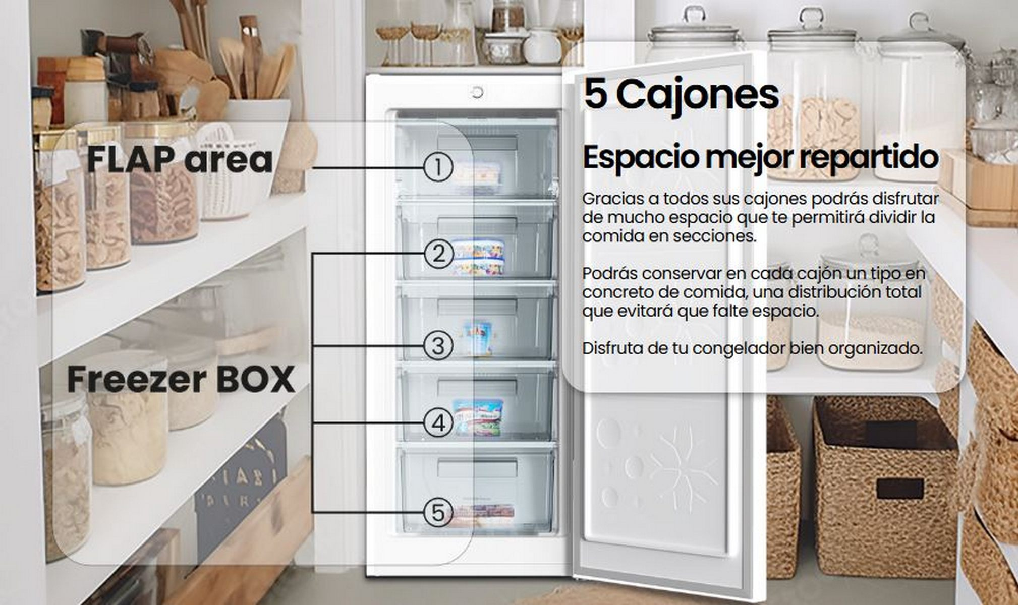Congelador abierto con cinco cajones etiquetados. Frascos y cestas en los estantes alrededor.