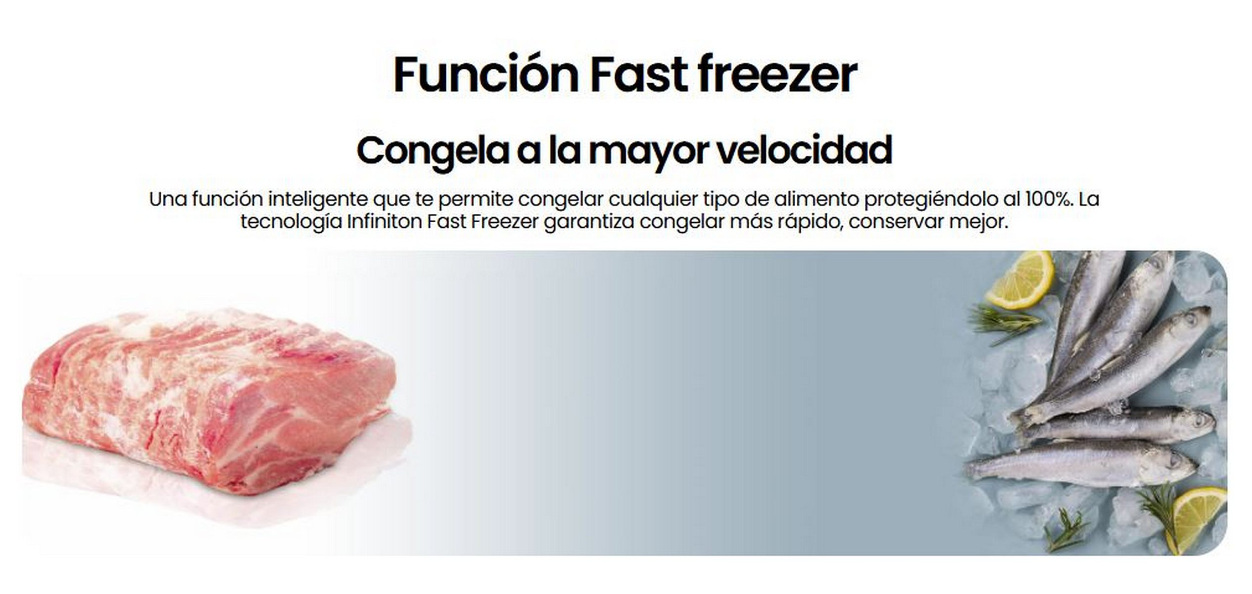 Imagen que ilustra la tecnología de congelación rápida. Muestra carne y pescado, enfatizando la congelación rápida.