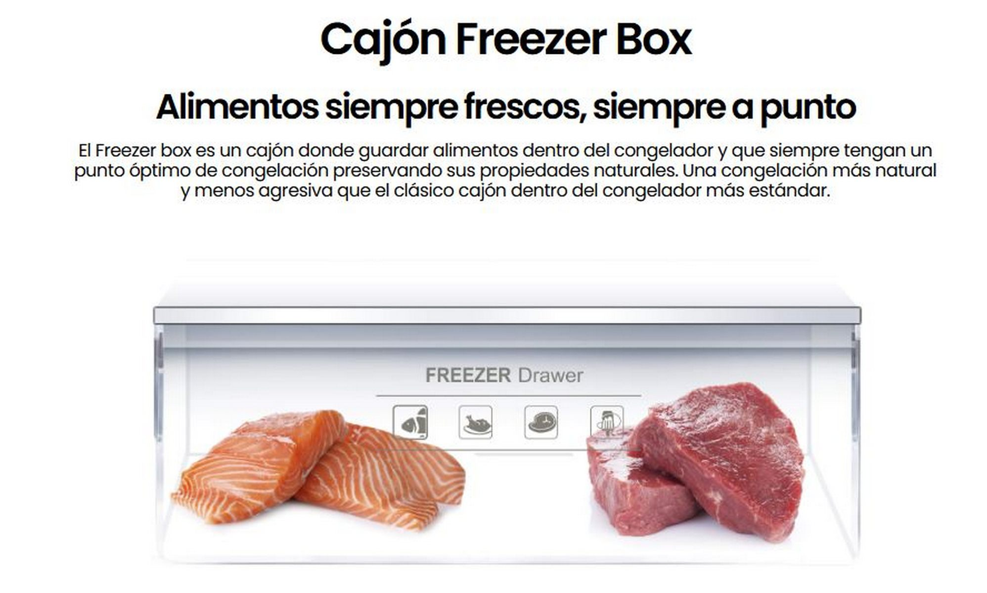 Un cajón congelador con salmón y carne. El texto en la parte superior dice 'Cajón Freezer Box'.