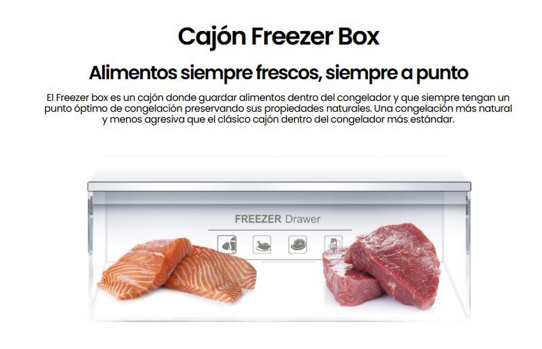 Cajón de congelador con salmón y carne. Imagen sobre fondo blanco con texto arriba.