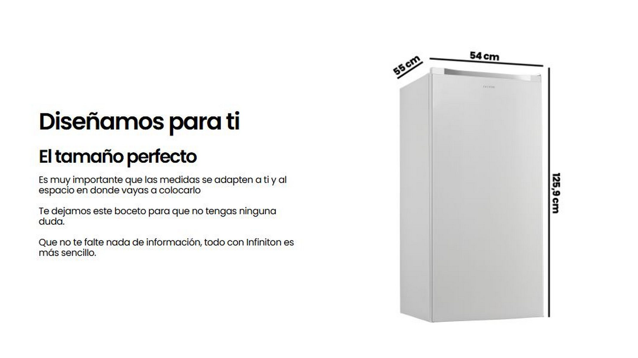 Nevera plateada con las dimensiones escritas en el lateral. El texto está en español.