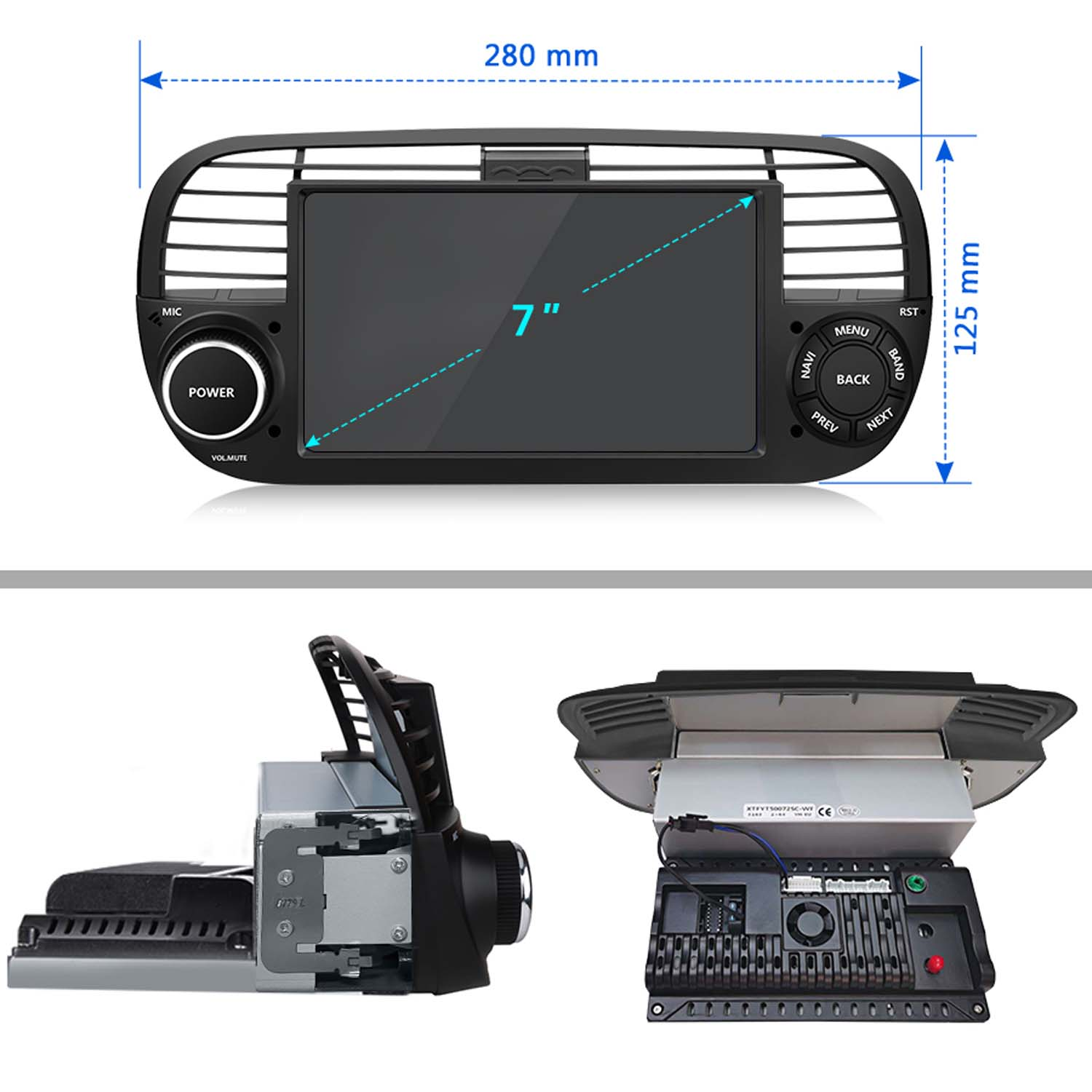 Autoradio con schermo da 7", dimensioni etichettate, diverse viste operative.