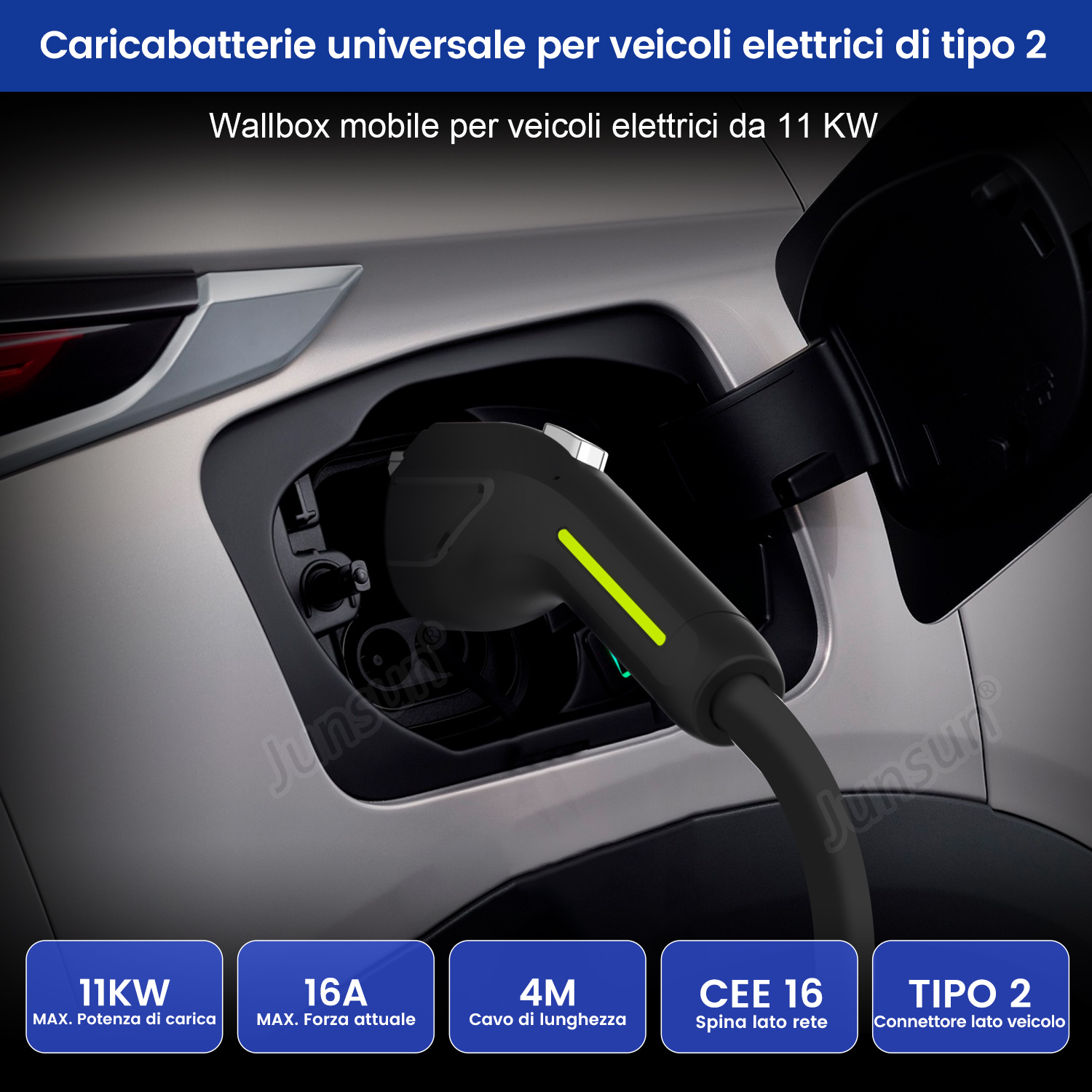 Cavo di ricarica collegato a un'auto. Testo sulla velocità di ricarica e sul tipo di connettore visibile.