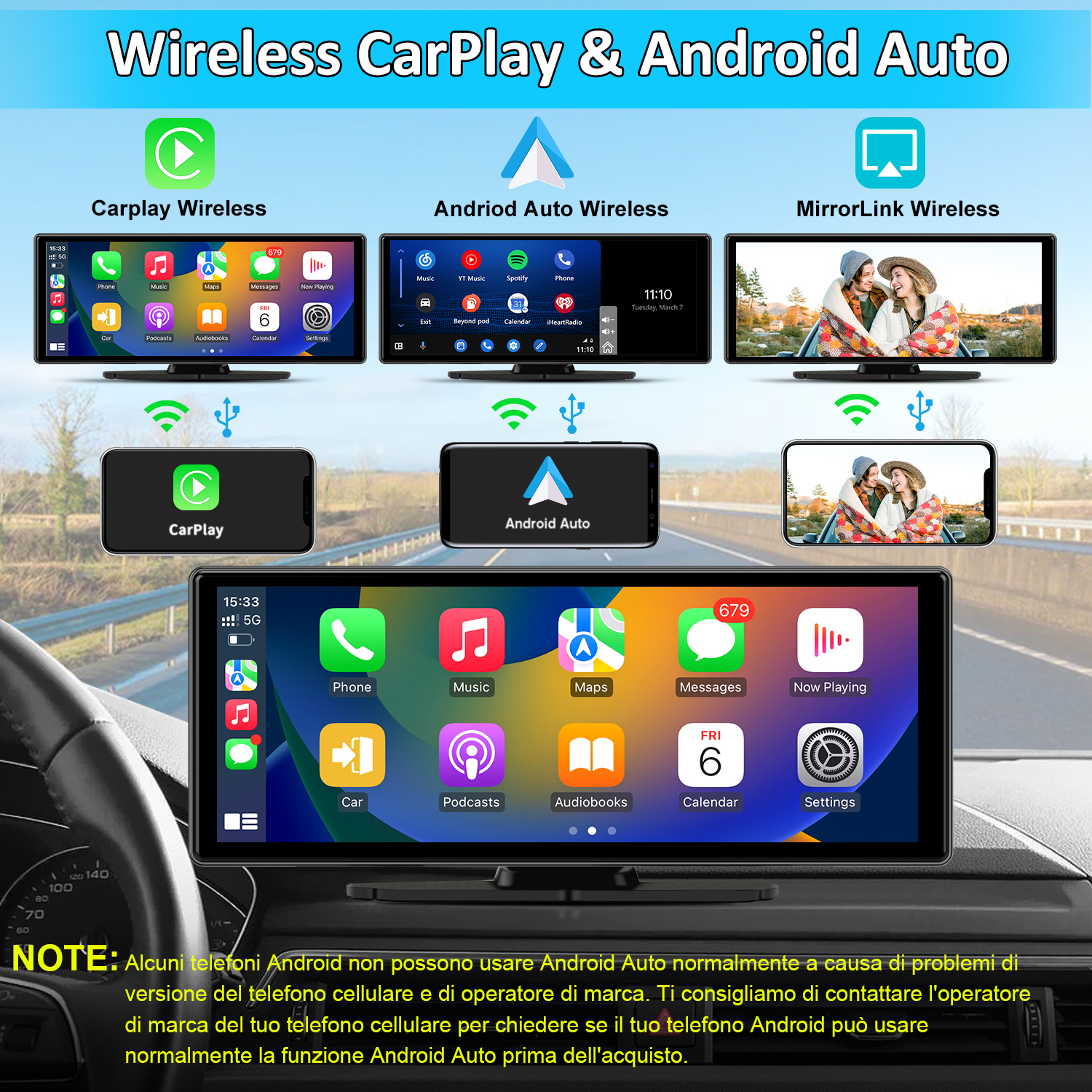 Schermo infotainment auto con CarPlay, Android Auto e Mirrorlink wireless.