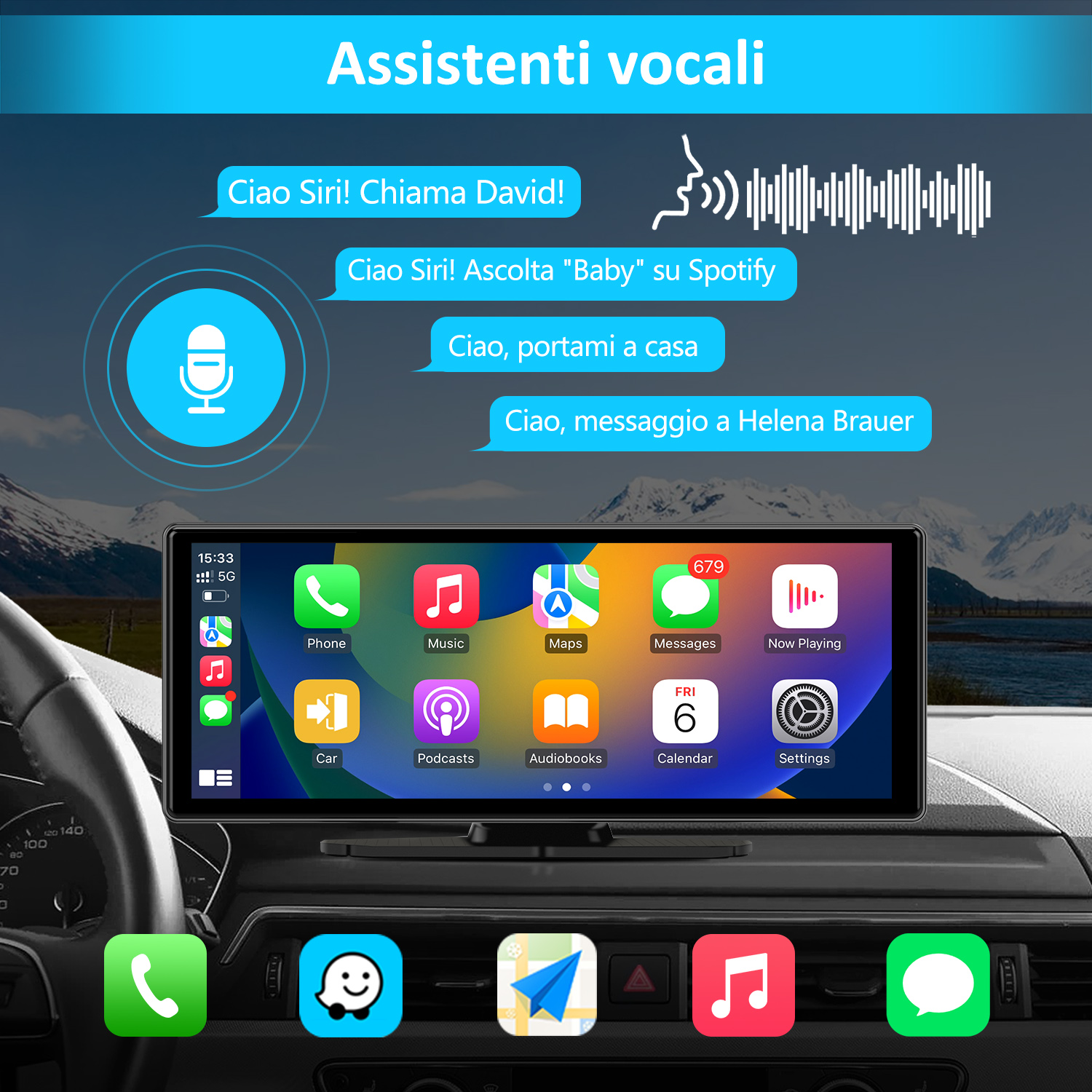 Cruscotto auto con schermo, icone app, comandi vocali e sfondo panoramico, volante visibile.