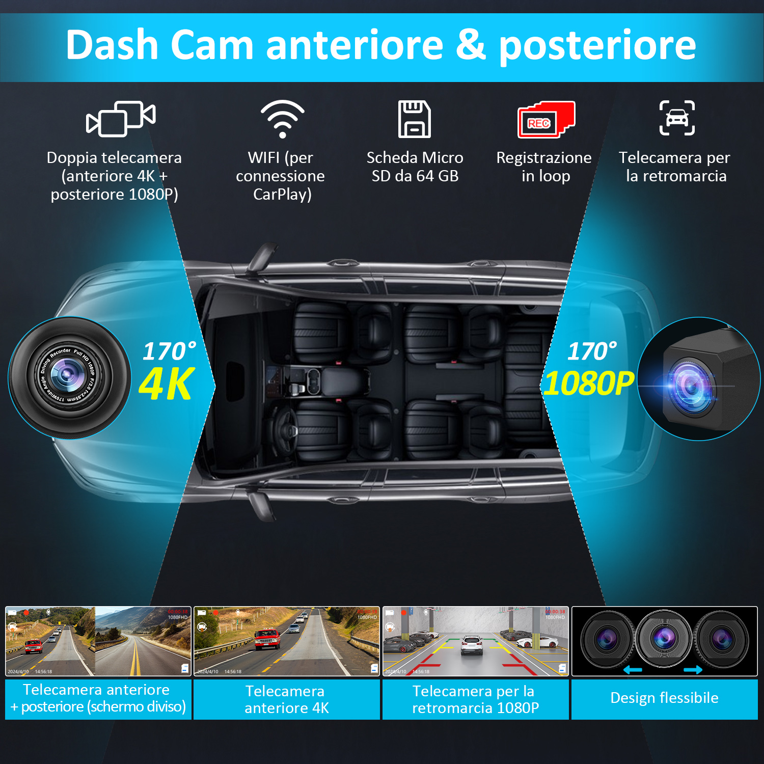 Funzionalità della dash cam. Include telecamere anteriori e posteriori, WiFi, slot per schede SD, registrazione in loop e supporto telecamera posteriore.