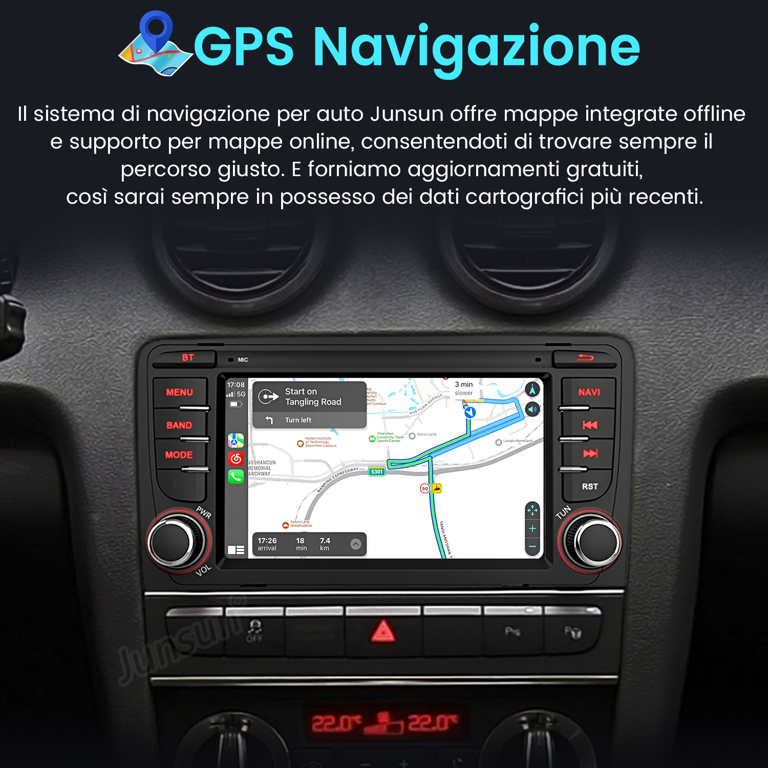 Schermo del sistema di navigazione dell'auto che mostra una mappa e istruzioni di navigazione. Pulsanti neri e rossi.