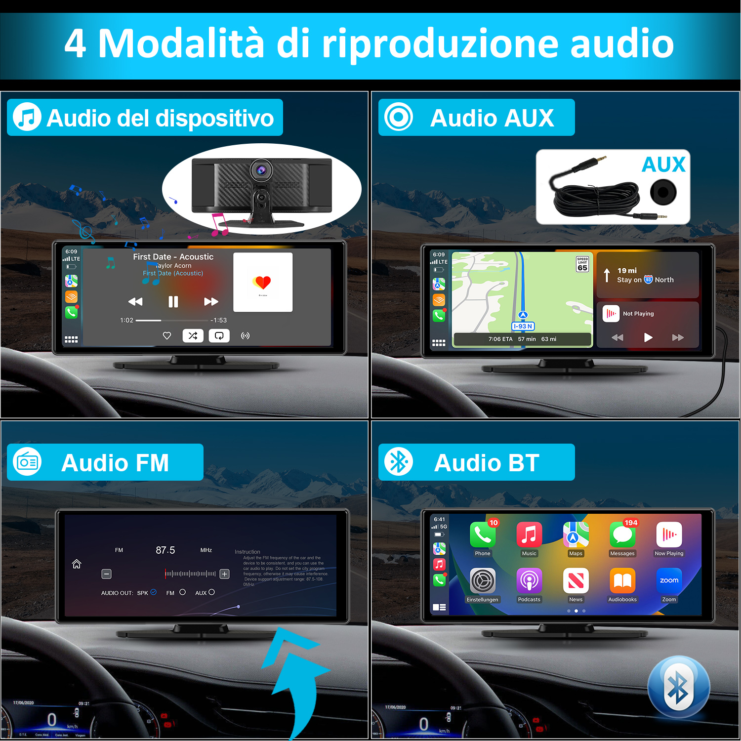 Quattro schermi nel veicolo che mostrano varie modalità di riproduzione audio: dispositivo, AUX, FM e Bluetooth.
