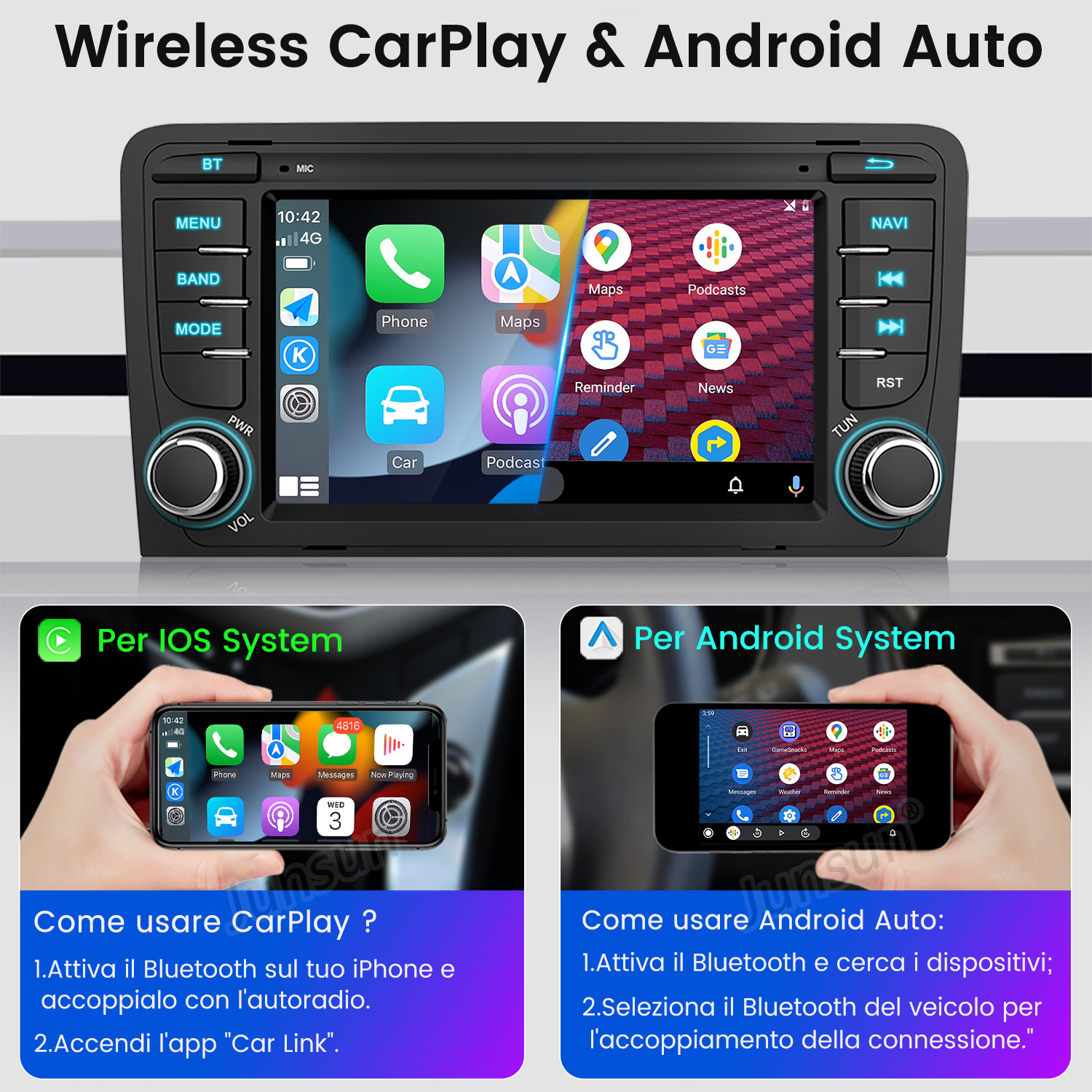 Schermo autoradio che mostra CarPlay wireless e Android Auto, con esempi di app.