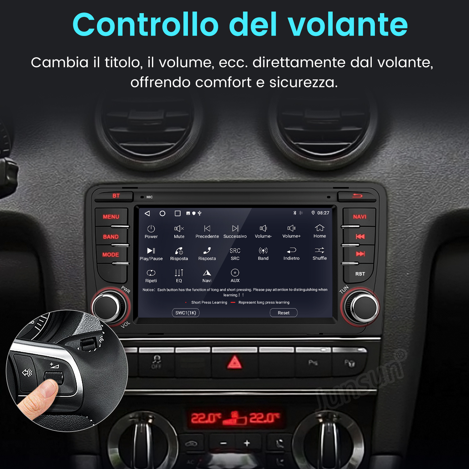 Interfaccia autoradio con una mano che preme un pulsante sul volante. Controllo del volume.