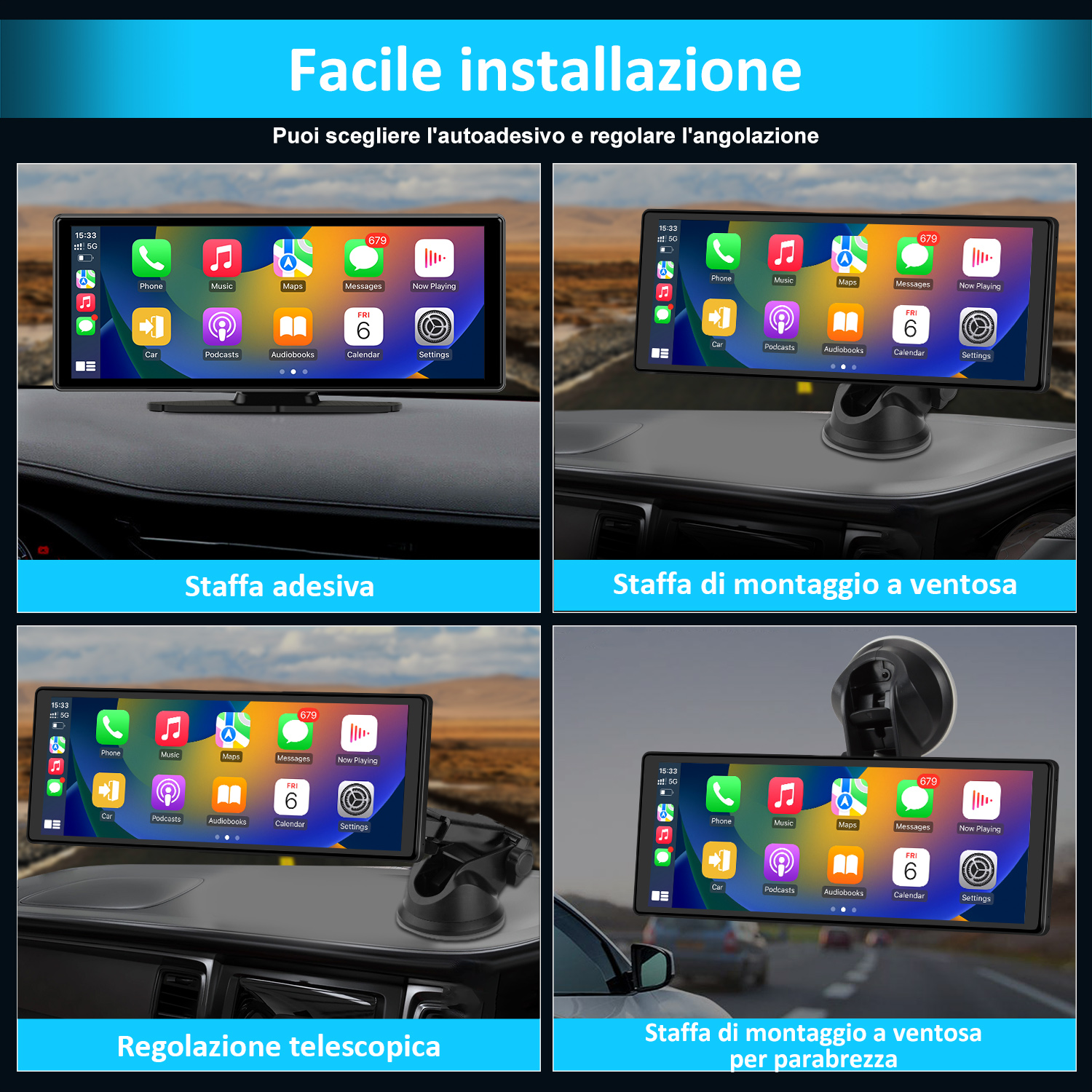 Schermo del sistema stereo dell'auto che mostra varie app. Include diverse opzioni di montaggio.