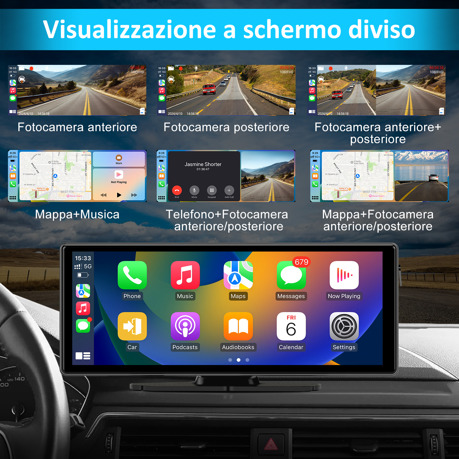 Schermo infotainment auto con vista a schermo diviso, mostra app e telecamera posteriore.